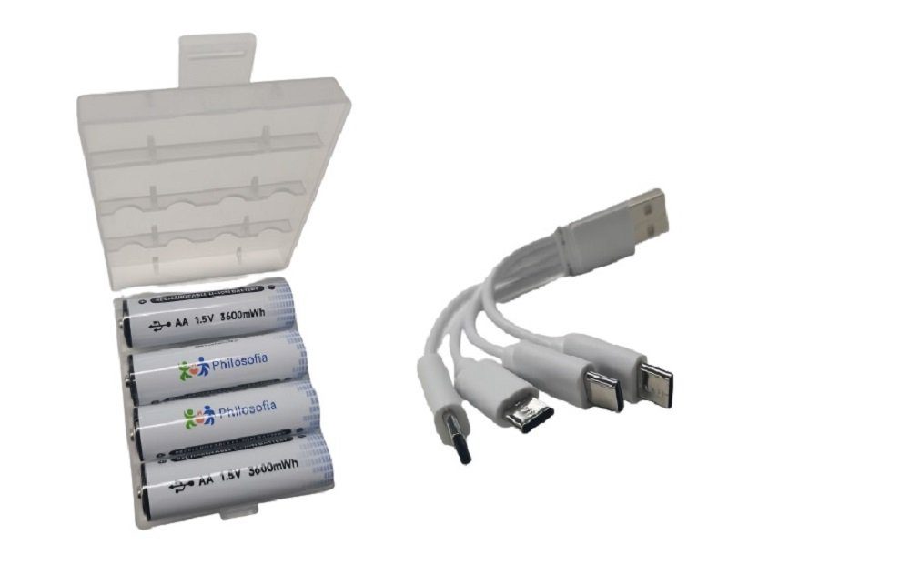 Philosofia 4X USB Akkus 2800mWh Li-Ionen AAA 1200 1,5V 4er Ladung Typ-C Akku-Set Ladekabel