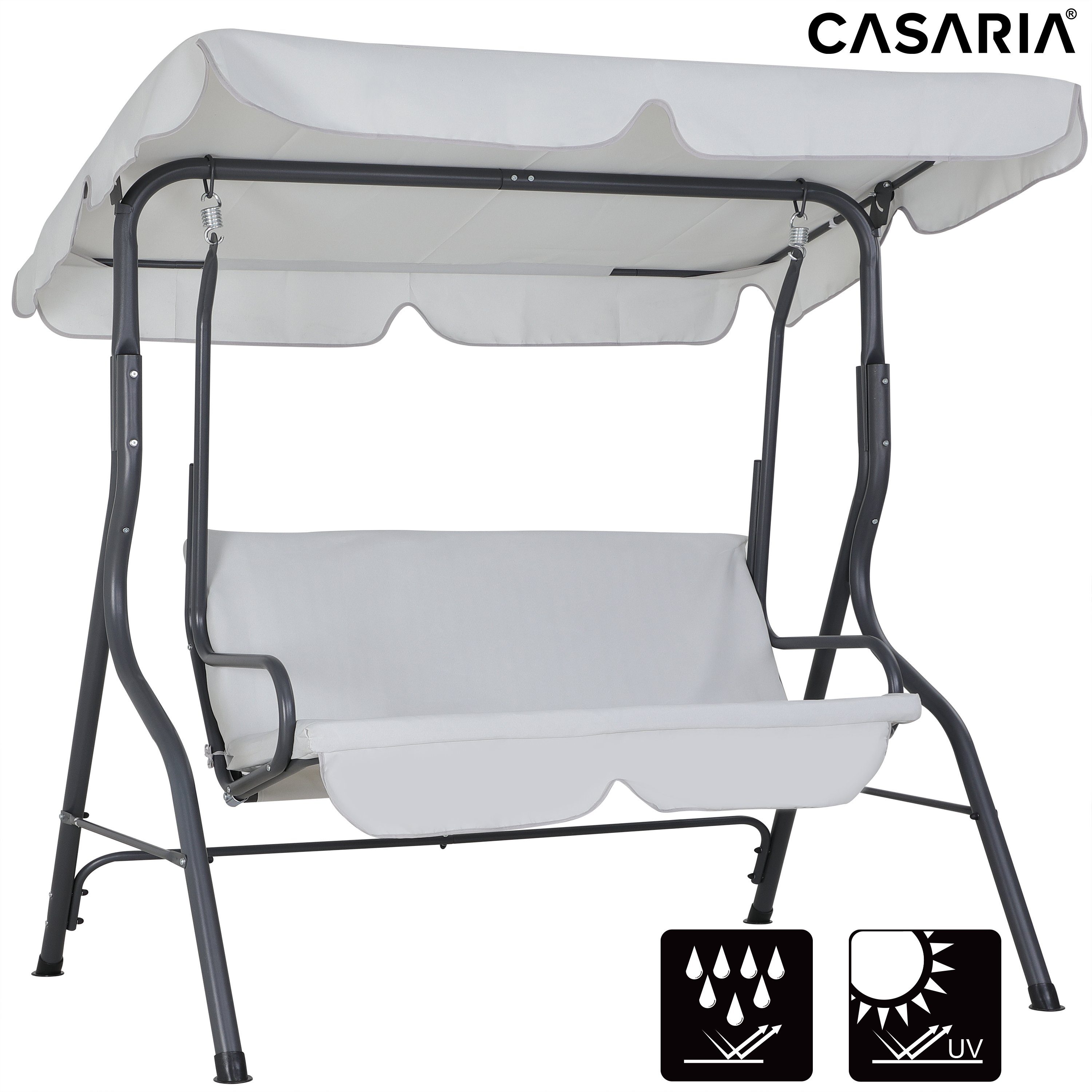 Casaria Hollywoodschaukel, 1 tlg., 2 Sitzer wetterfest Hellgrau 200kg Belastbar Rückenlehne Dach Garten