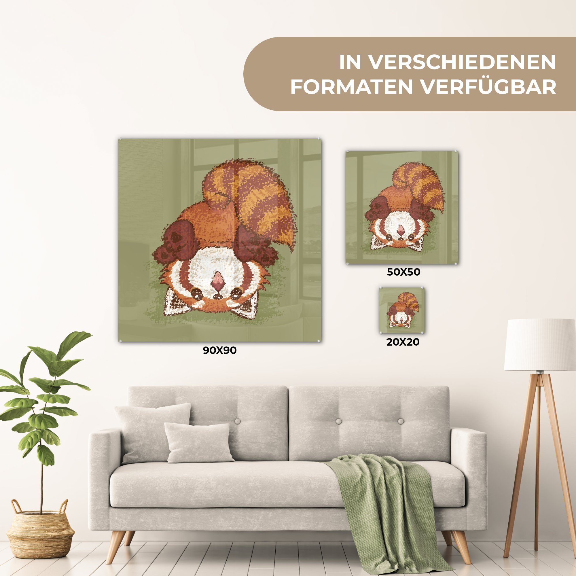 - Illustration - Wandbild Acrylglasbild St), (1 dem auf MuchoWow Bilder auf Glas Glasbilder Foto stehend, eines roten Wanddekoration Pandas Glas - auf Kopf