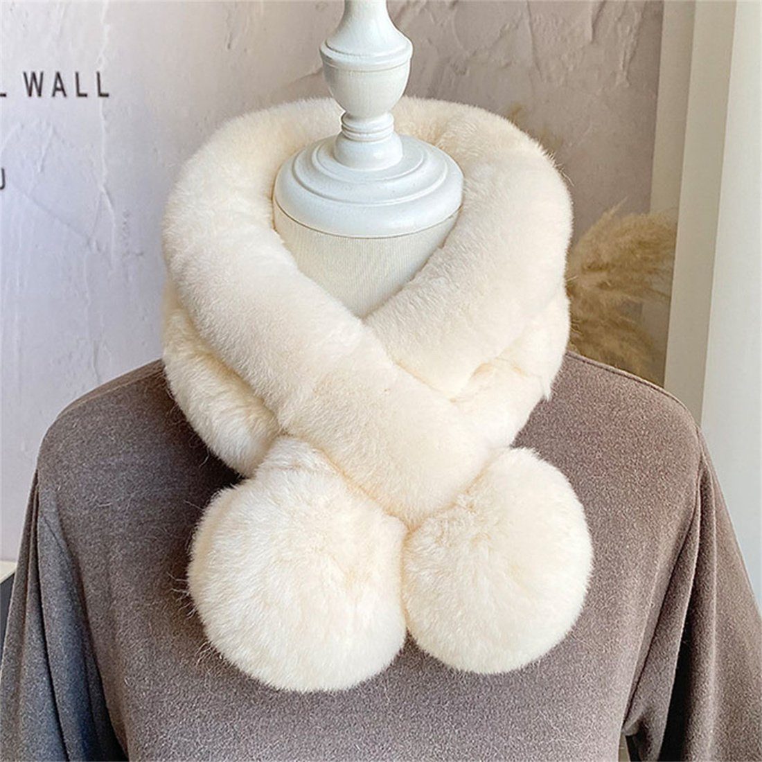 DÖRÖY Modeschal Damen Winter faux Otter Kaninchen Pelz Plüsch Schal, Mode warmen Schal Beige