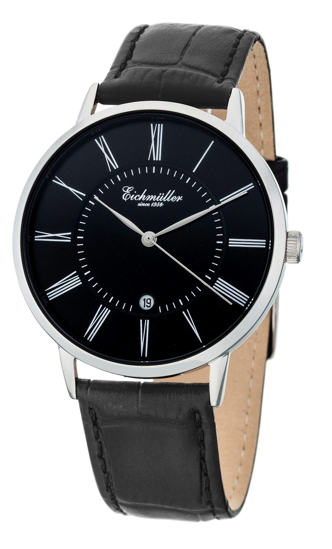 Eichmüller Quarzuhr Slim Herrenuhr 3032-01 – Edelstahl – Schwarz – 41 mm – Lederband, – Klassische Flachbau-Uhr mit Datum
