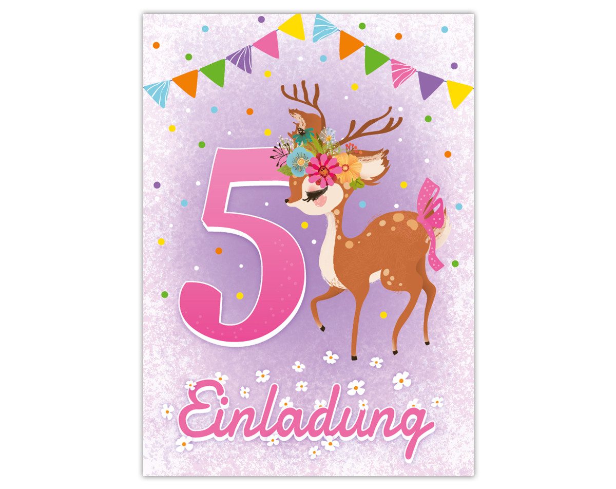 JUNAPACK Einladungskarten Reh Einladungen zum 5. Geburtstag Karten für Kinder Wald Tiere, Einladungskarten zum fünften Geburtstag mit Fuchs Waldtiere Motiv