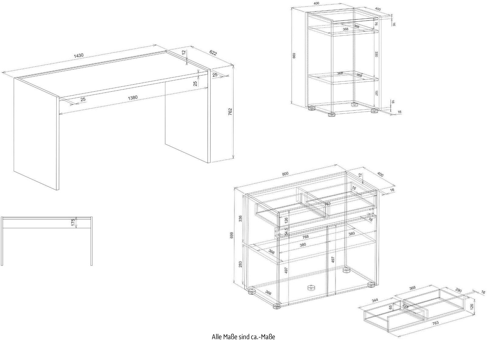 und viel Schreibtisch matt (in mit Stauraum Container grau Kommode), Eiche, Center Furn.Design mit Wotan