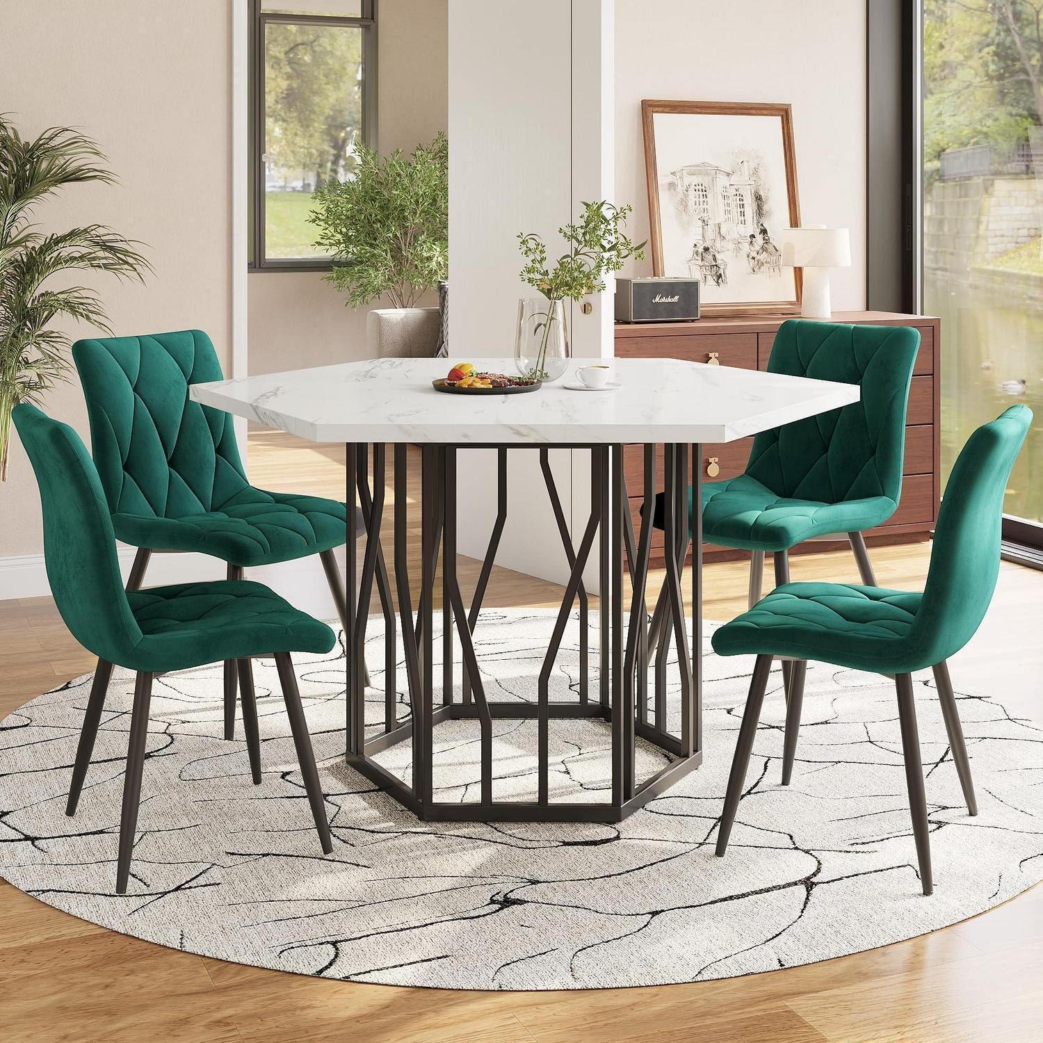 LuxusKollektion Esstisch Esstisch Sechseck 5teilig 115.5x100x75cm 4 Stühle Grün Schwarz (1-St)