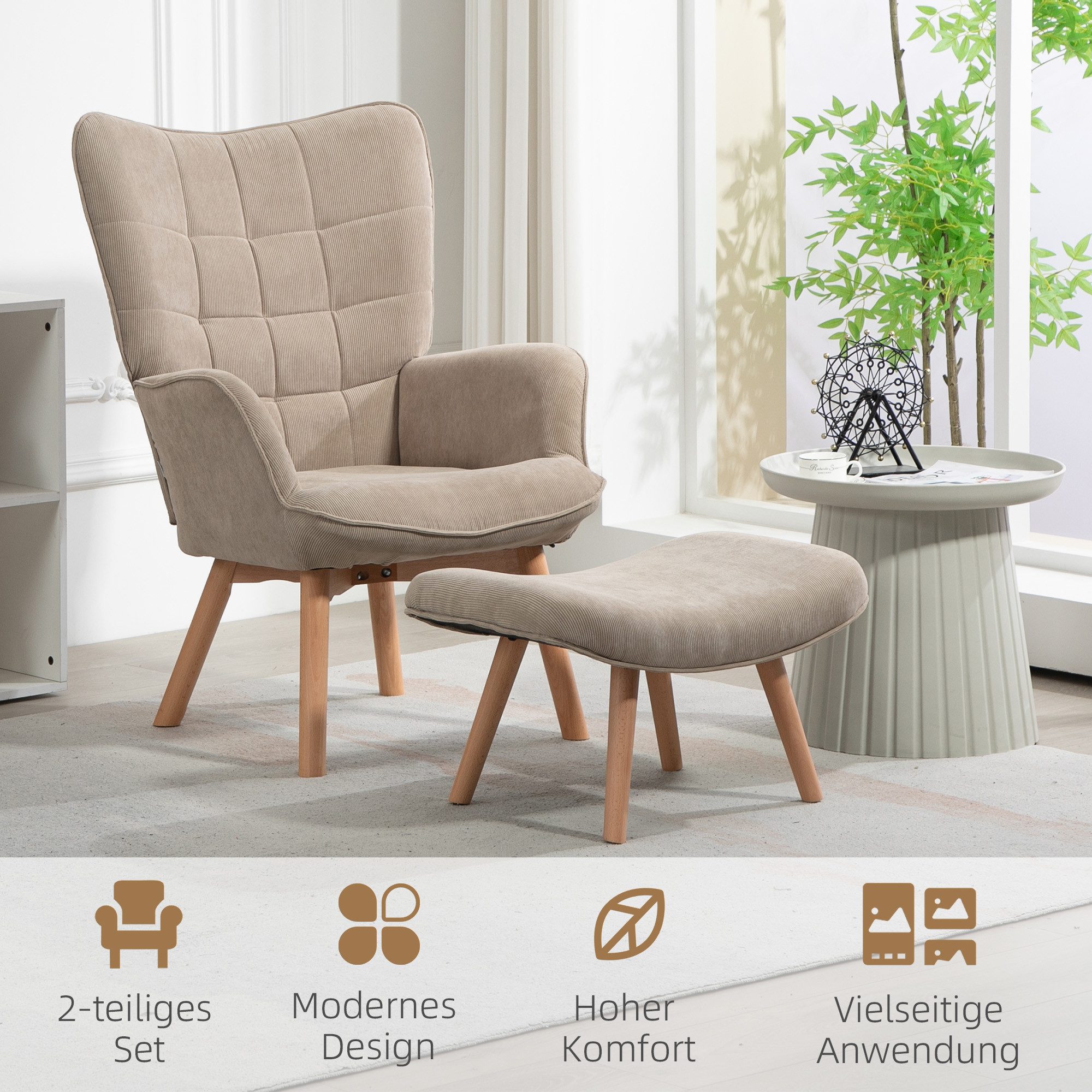 OKWISH Loungesessel Relaxsessel Freizeitstuhl Fernsehsessel (Ohrensessel mit Hocker in Cord-Optik – Relaxsessel mit Holzbeinen & Ottomane, gemütlich gepolstert für Wohnzimmer & Leseecke., Sessel: 72L x 80B x 101H cm. Ottomane: 65L x 43B x 38H cm), mit Relaxfunktion