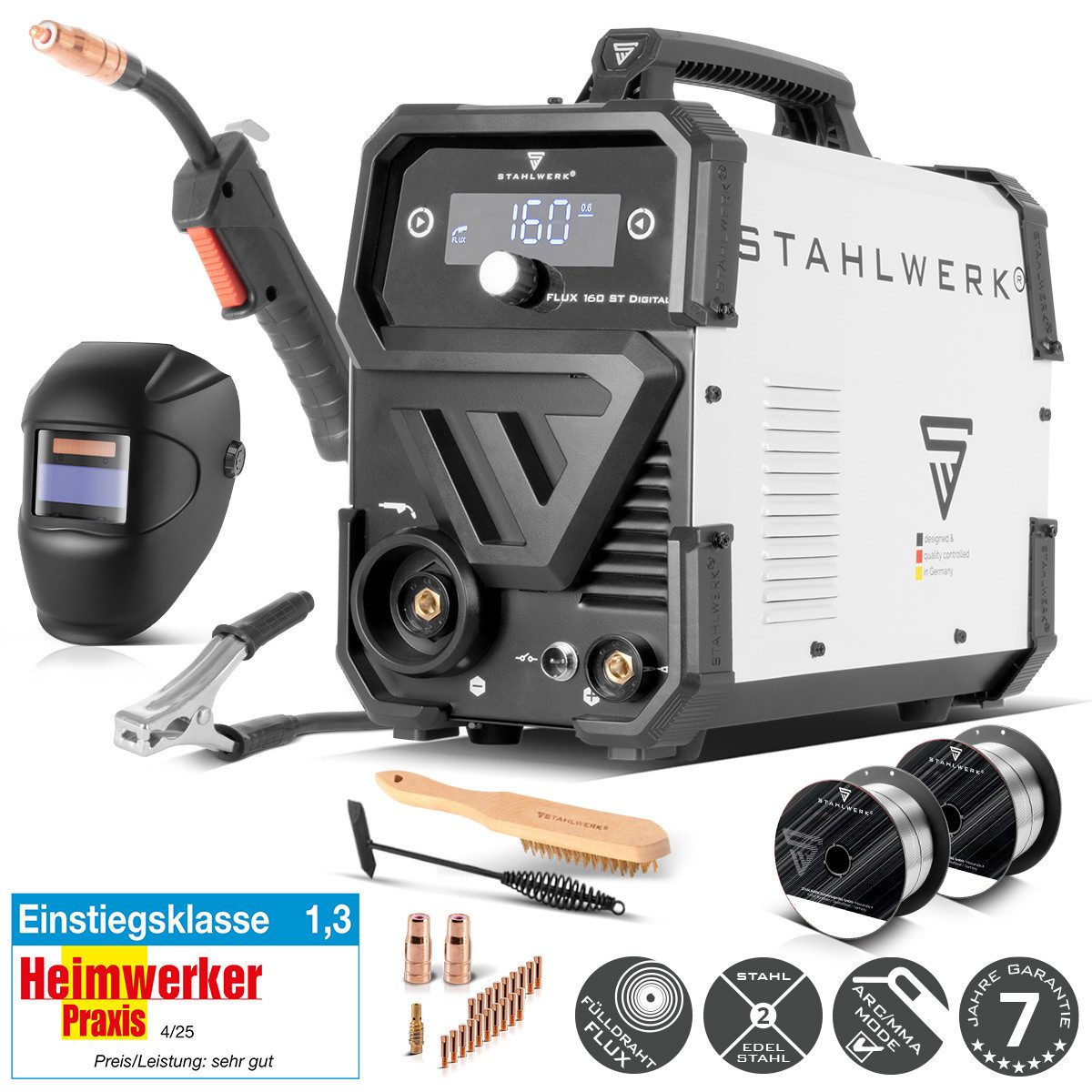 STAHLWERK Fülldrahtschweißgerät FLUX 160 ST Digital mit 160 A, 40 - 160 A, Packung, 1-tlg., Vollausstattung, synergischem Drahtvorschub