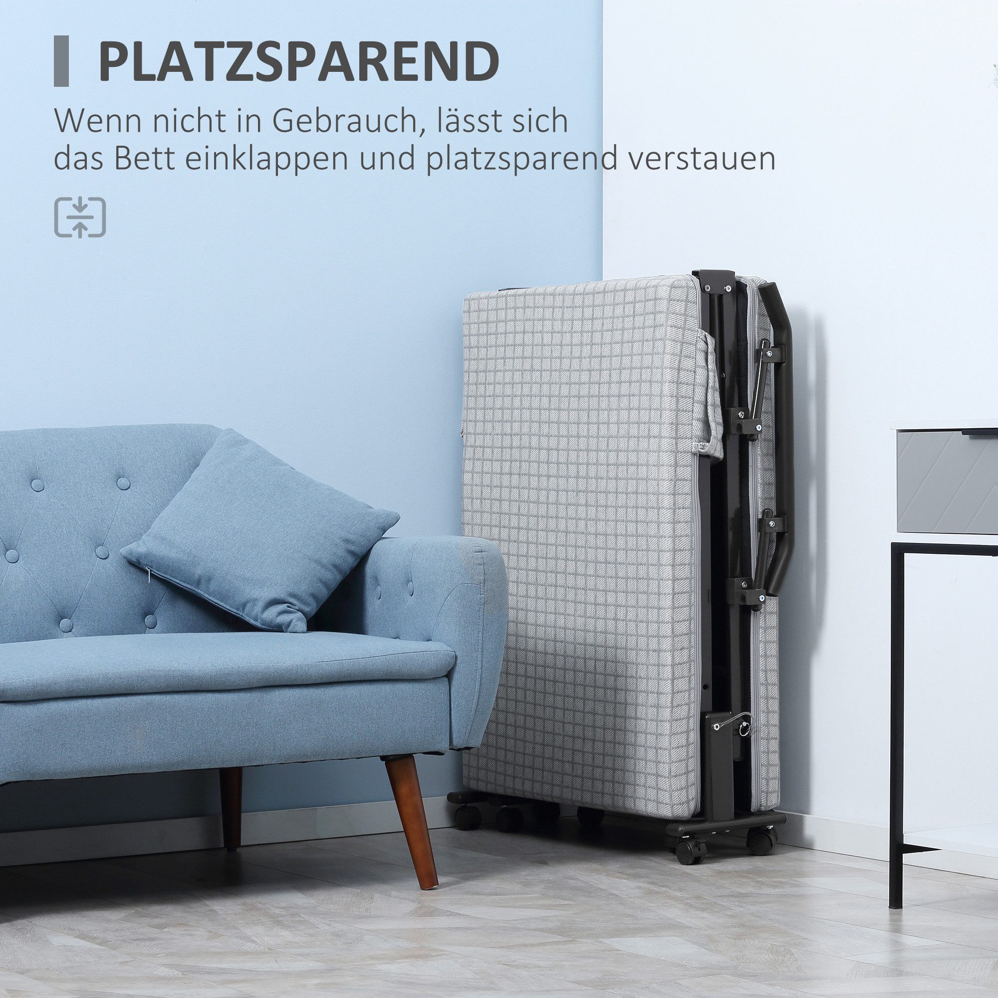 OKWISH Gästebett Klappbett 190x76x33cm mit Rollen & 5-stufiger Rückenlehne (Packung, 1-St., Platzsparendes Gästesofa, Gästebett & Reisebett aus Stahlrahmen) mit flexibler Liegefläche für Wohnzimmer, Büro & Camping