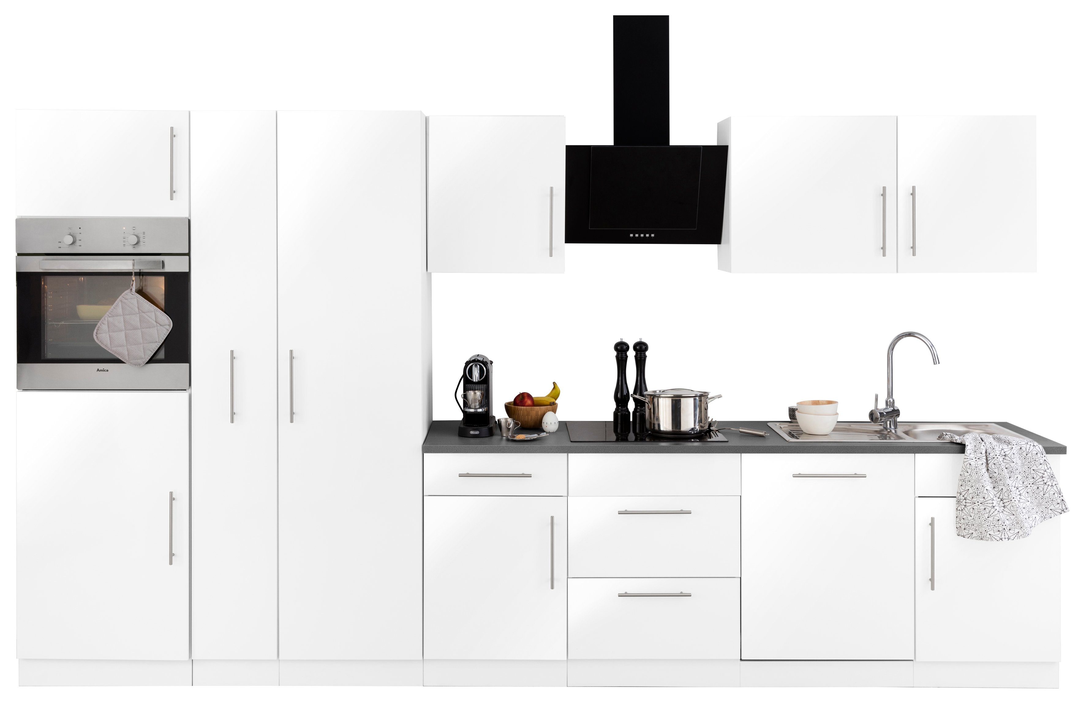 | Grau mit Metallgriffen Granit 360 Breite wiho Arbeitsplatte: cm Front: Küchen weiß mit Glanz, Weiß, Küchenzeile E-Geräten, matt Cali, Korpus: Weiß