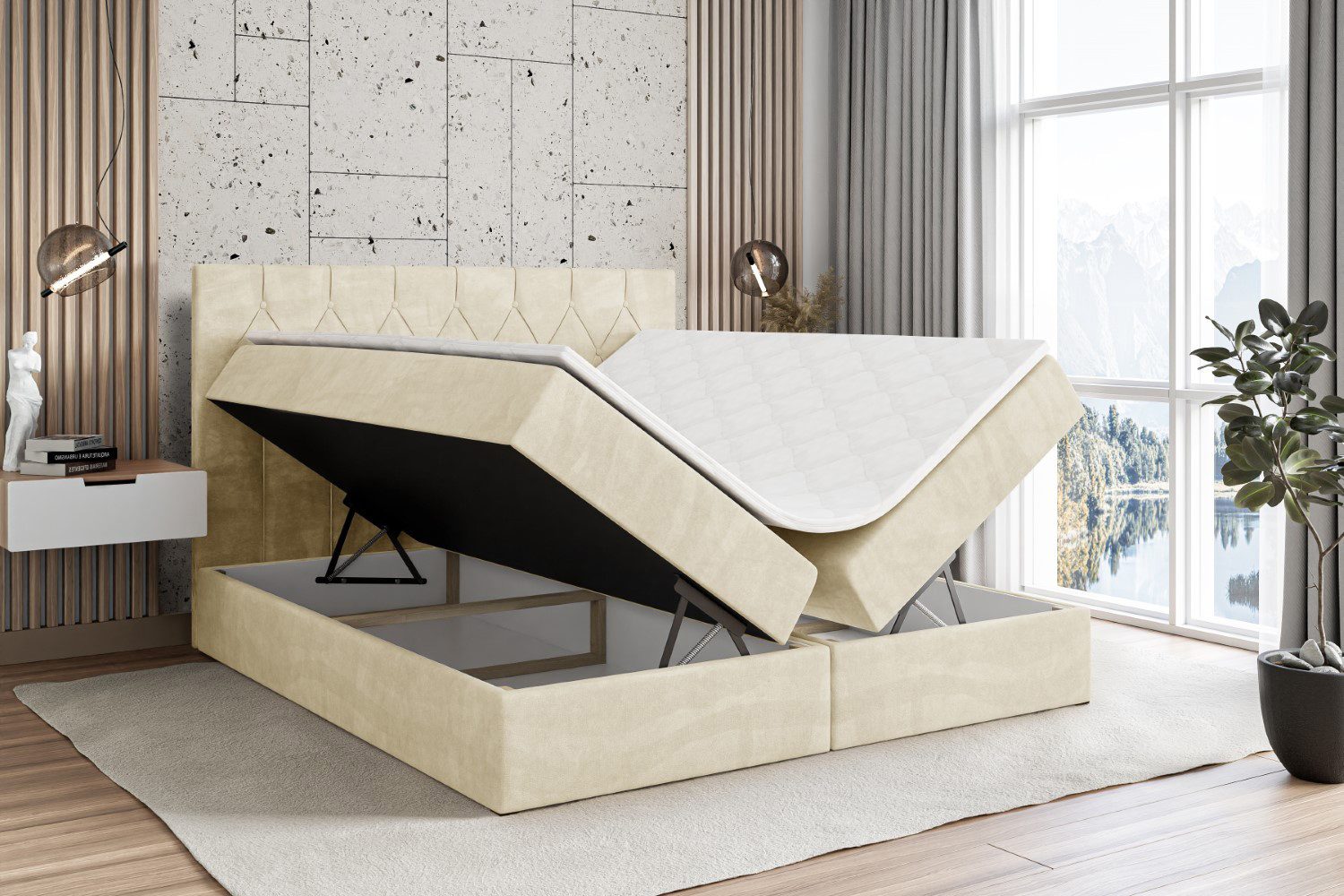 ALTDECOR Boxbett VELANTO-BZ (mit Matratze Lattenrost Topper Polsterbett mit Bettkasten Doppelbett), H4 Multipocket / H3 Bonellfederung, Springboxbett Boxspringbett