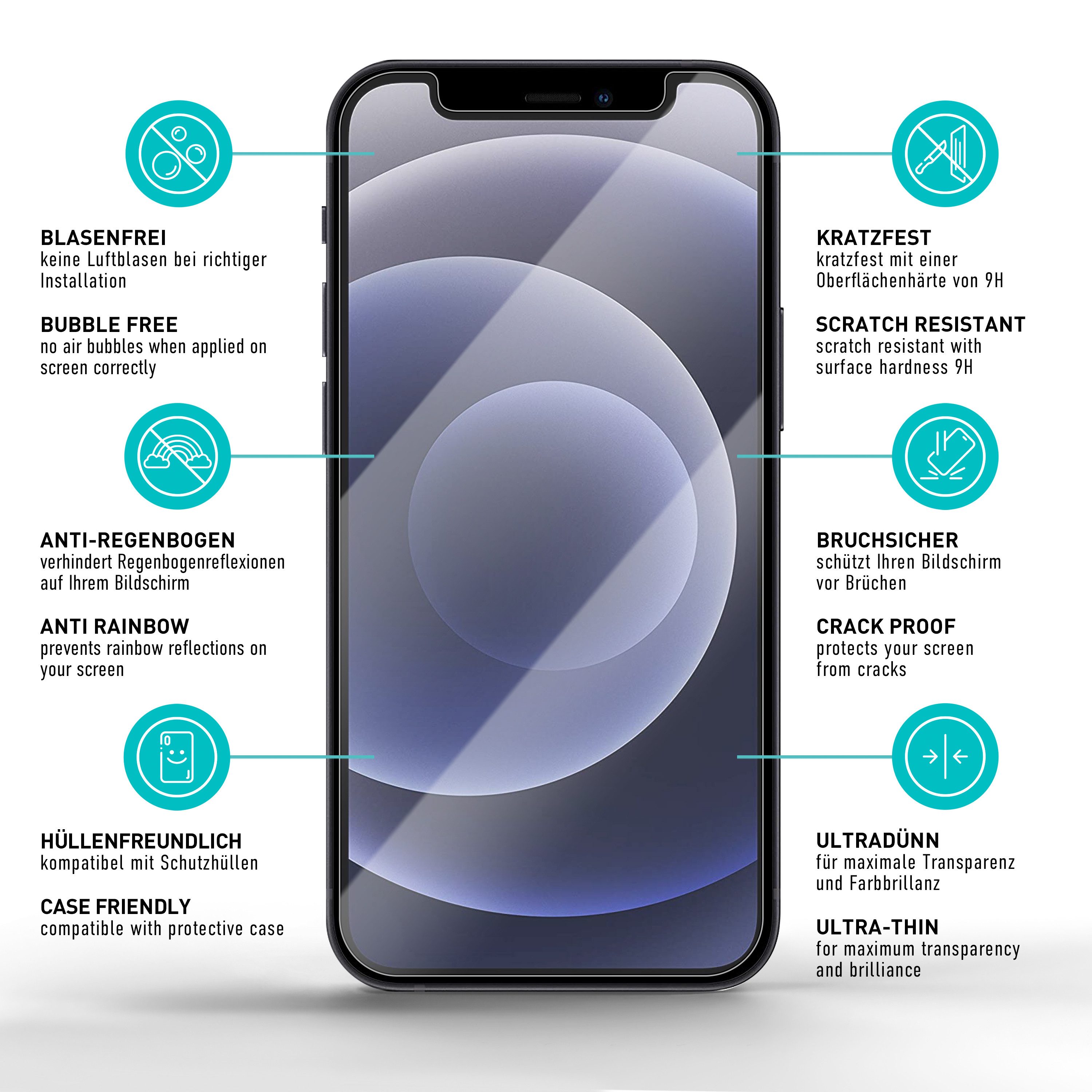 smartect Displayschutzglas Schutzglas Panzerfolie Matt für iPhone 12 mini, Set, 2 Stück, Schutzfolie Glasschutz Bildschirm