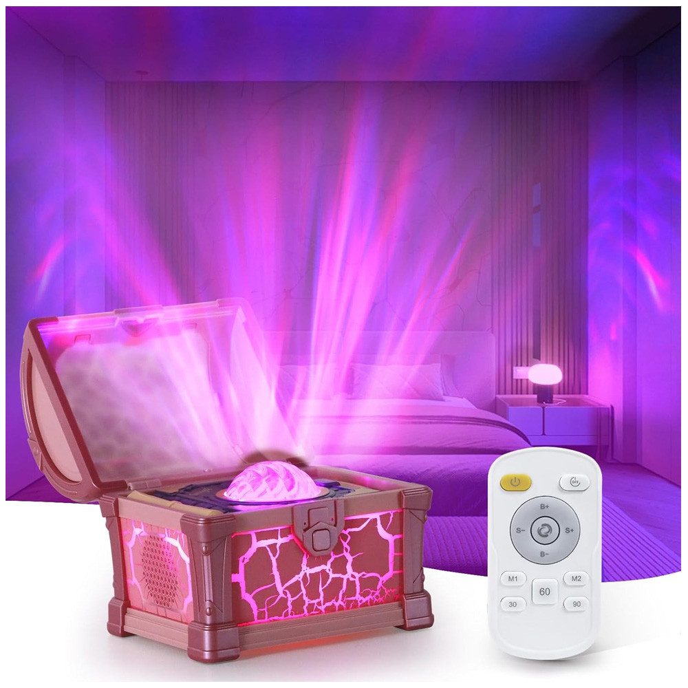 QUBEBU Projektionslampe LED Nachtlicht Baby Sternenprojektor Einschlafhilfe Nachttischlampe, Kinderzimmer Dekorationen Kinder Geschenke, LED fest integriert, Schatztruhenform, 8 Dynamische Projektionsmodi, Fernbedienung, Timer, Geeignet für Kinderzimmer Dekoration/Partys/Urlaubsgeschenke