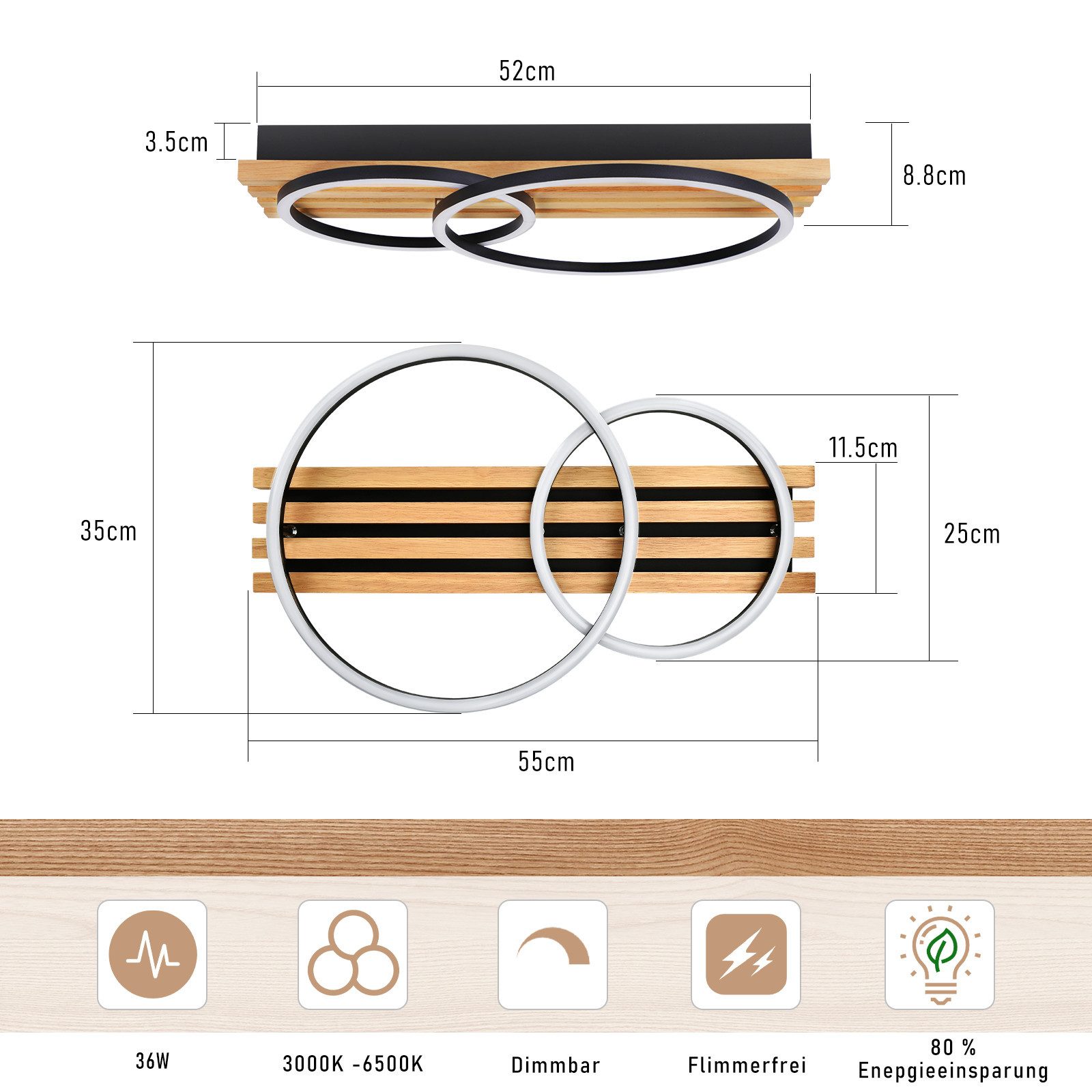 Nettlife LED Deckenleuchte Dimmbar Holz 2/3/4 Ringe Modern Deckenlampe Wohnzimmer, LED fest integriert, 36W 55*35*8.8CM für Schlafzimmer Büro Küche – Bild 3 von 5