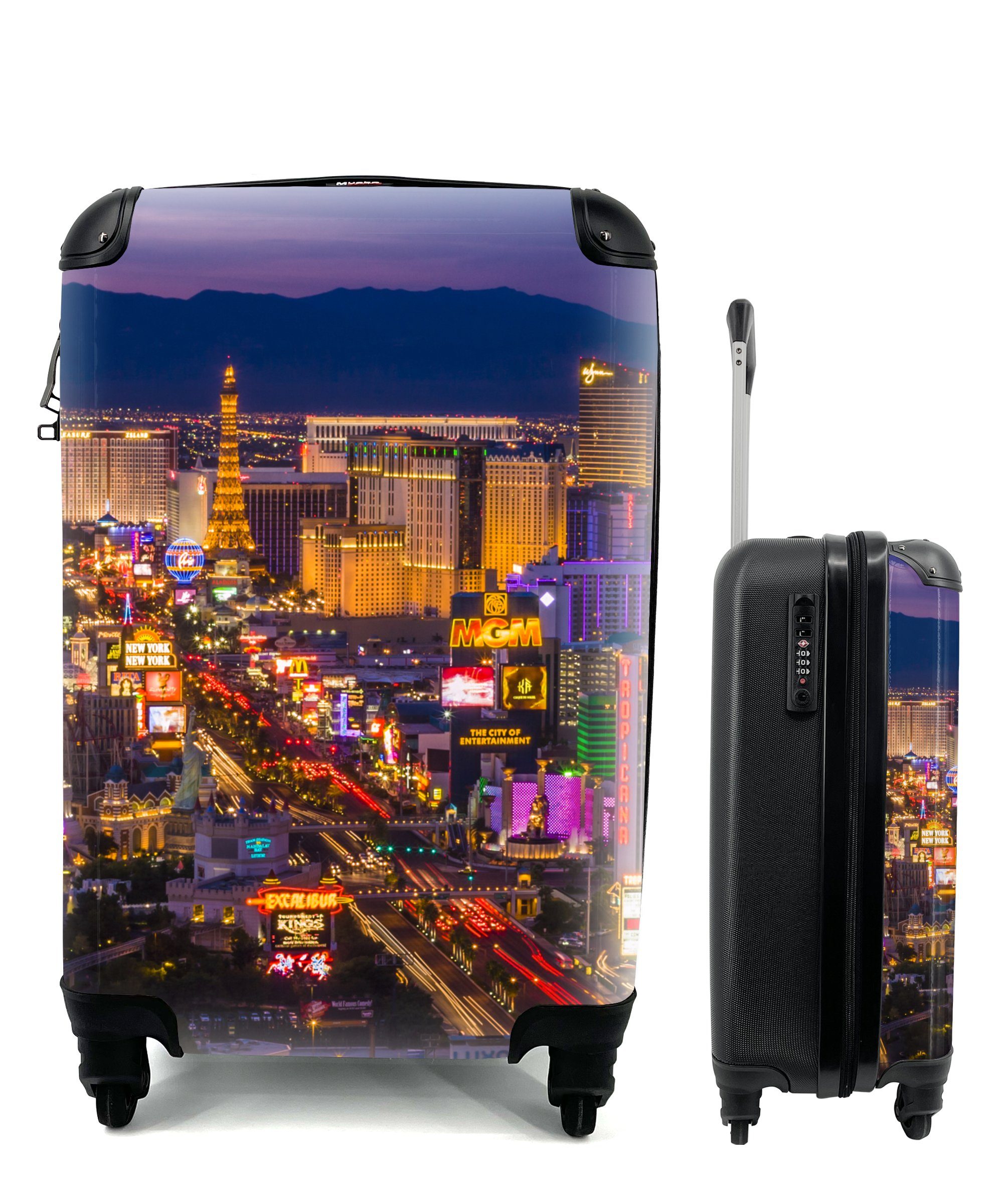 MuchoWow Handgepäckkoffer Nacht Reisetasche Reisekoffer Lila, Ferien, Rollen, rollen, - - für mit 4 Trolley, Las Vegas Handgepäck