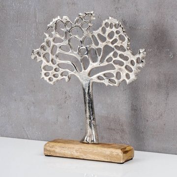 Levandeo® Dekoobjekt, Deko-Aufsteller H25cm Lebensbaum Mangoholz Silber Braun Tischdeko