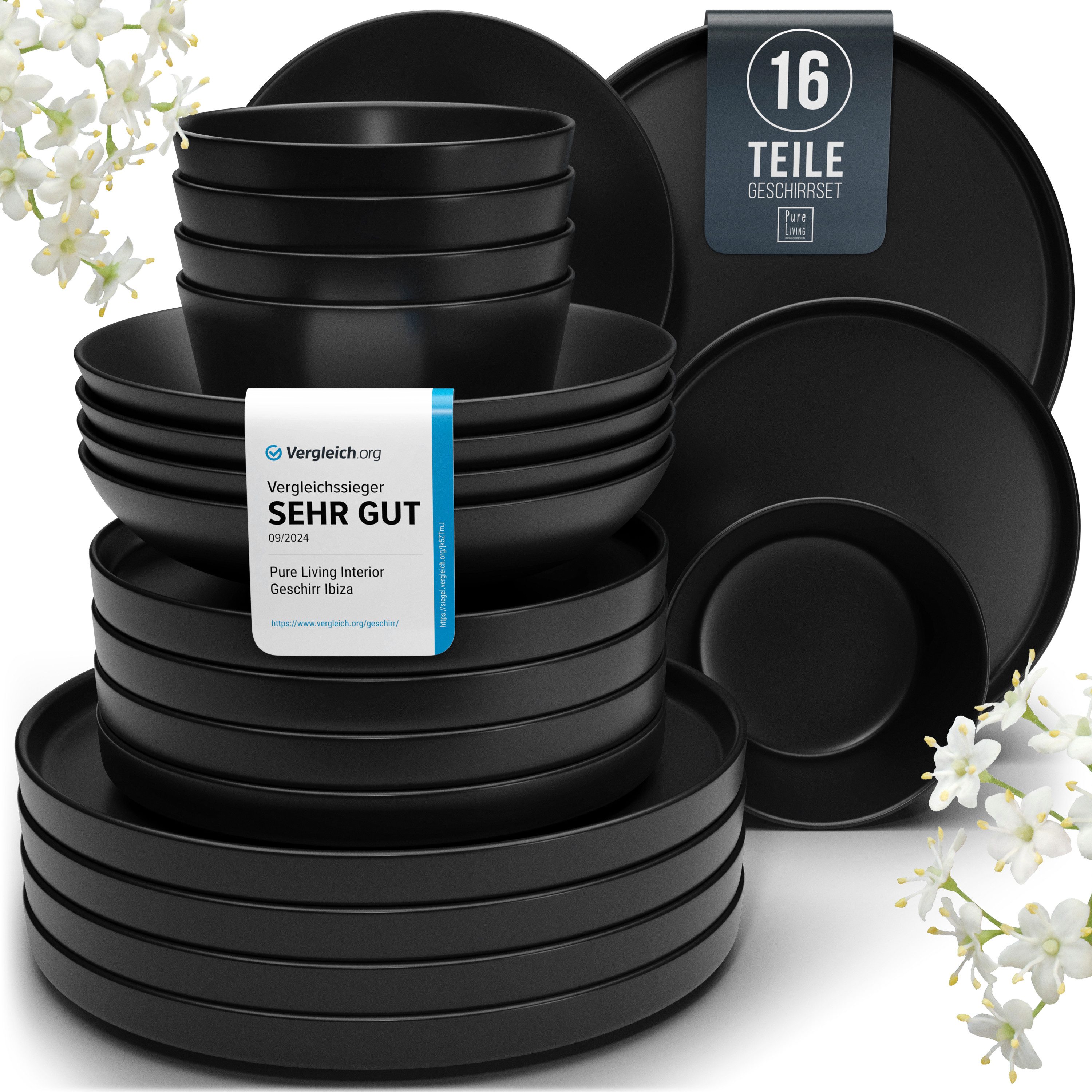 PURE LIVING INTERIOR DESIGN Geschirr-Set Manhattan aus Steingut, 16-tlg., für 4 Personen, Schwarz, 4 Personen, Steingut, Urbanes Matt-Schwarz Design, Klare moderne Formen, Massives Steingut …