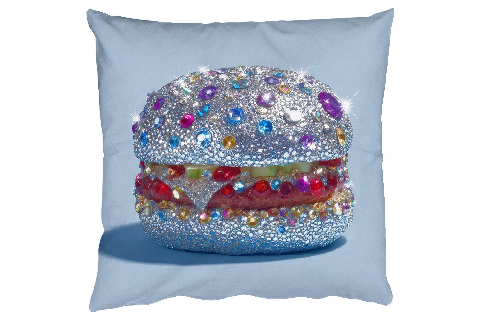 MuchoWow Dekokissen Glitter - Hamburger - Blau, Zierkissen mit Kissenfüllung, Deko, Sofakissen, 50x50 cm