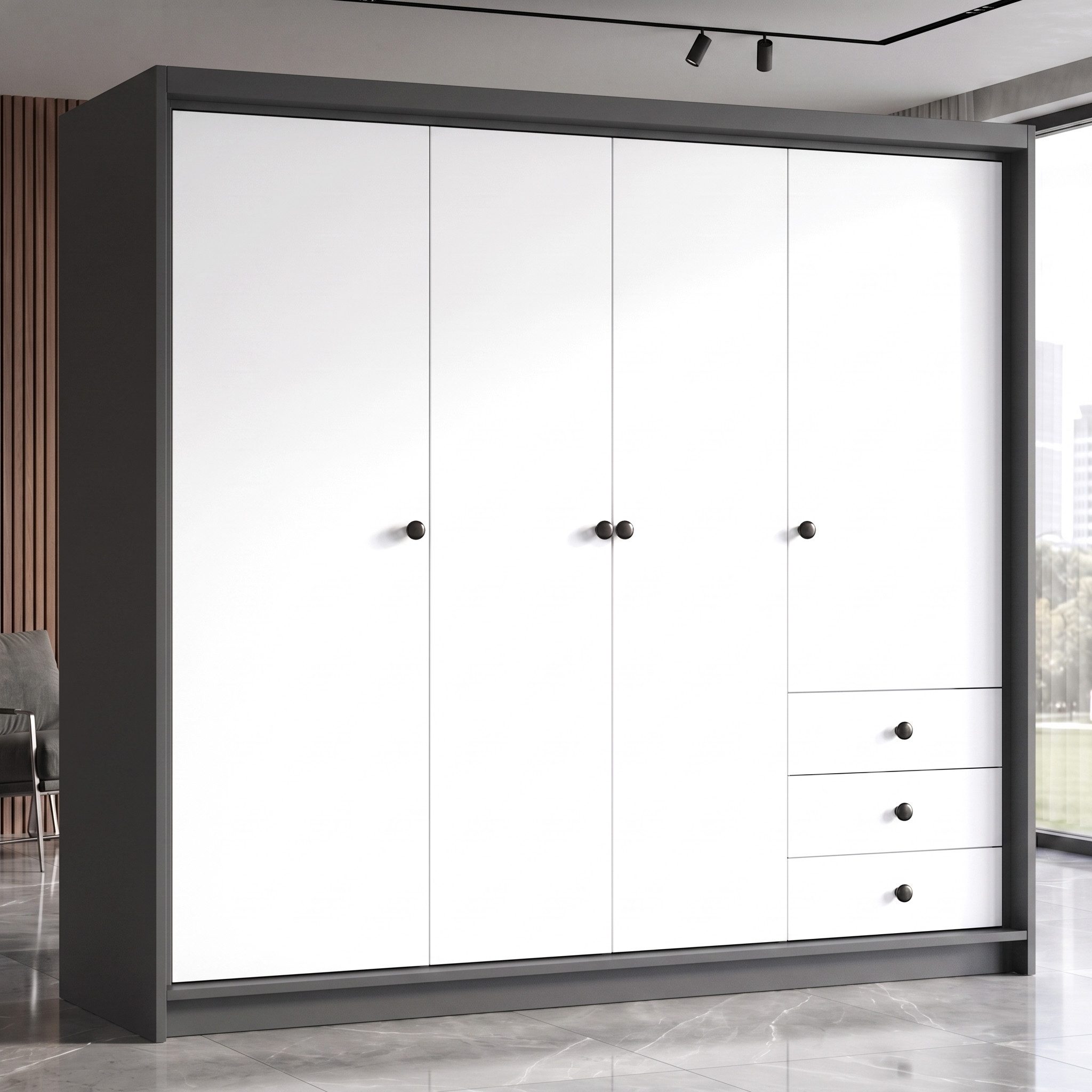 A&J MöbelLand GmbH Drehtürenschrank FALKEN– viertüriger Kleiderschrank 200 cm (Geräumiger viertüriger Kleiderschrank mit Schubladen. Geräumiger Schrank mit einer Breite von 200 cm und Schubladen, ideal zur Aufbewahrung von Kleidung und Accessoires. Viel Stauraum. TOP PRODUKT! Wählen Sie das ideale Modell für Ihr Schlafzimmer!, TOP ANGEBOT) Breite: 200 cm, Höhe: 215 cm, Tiefe: 59,5 cm