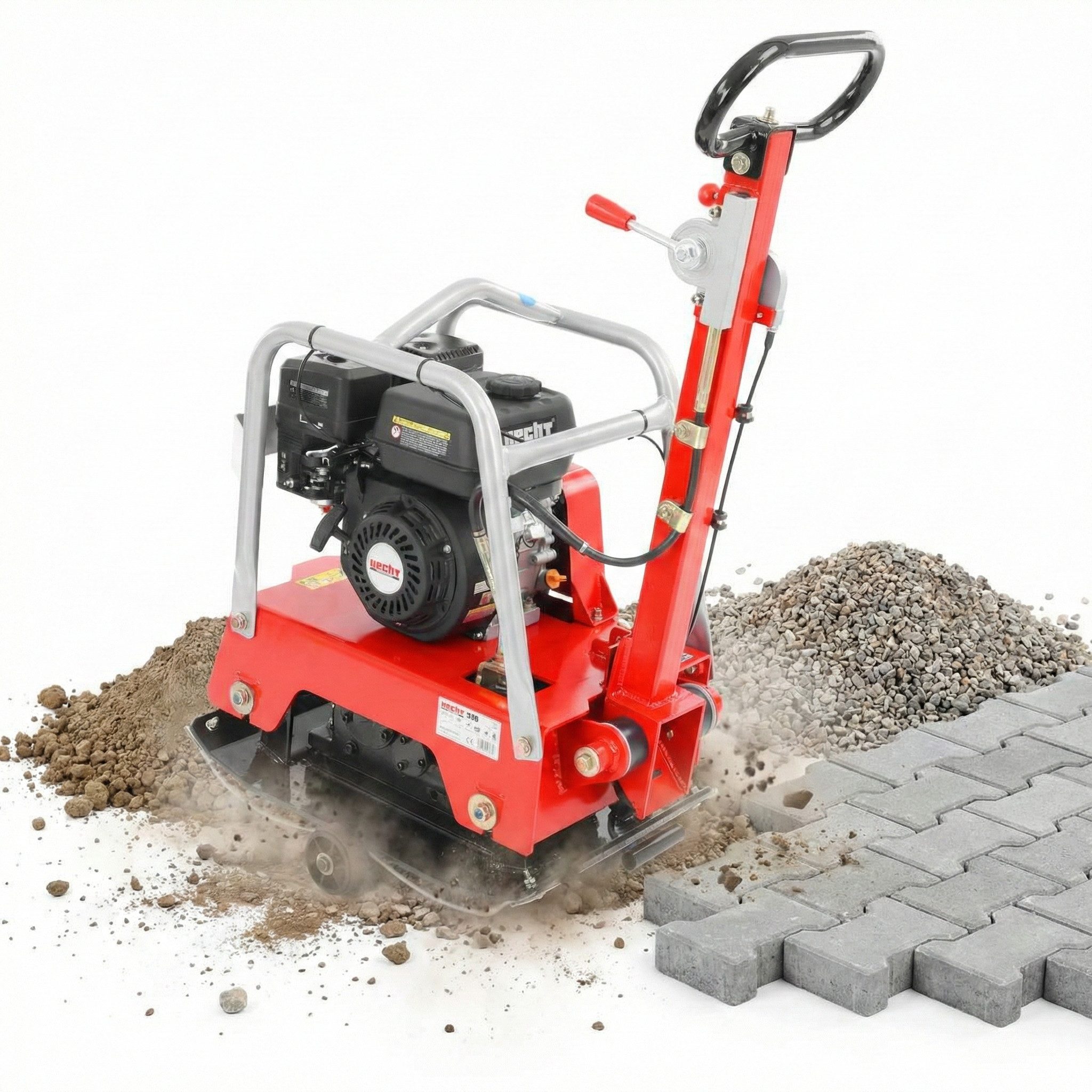 Hecht Rüttelplatte Vibrationsstampfer mit Fahrwerk, 3,7 kW (196 ccm), 25 kN bis 30cm, max. 4300 vpm, (LxB) 40x63 cm, 35 m/min, Gummimatte, Transporträder, 4300 / min