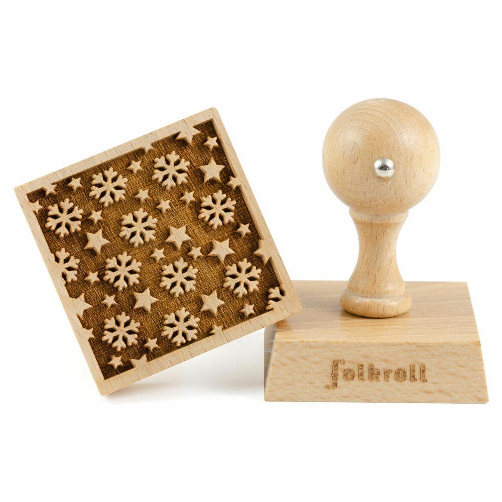 folkroll Gebäckstempel Schneeflocken & Sterne, 55x55 mm, Buchenholz