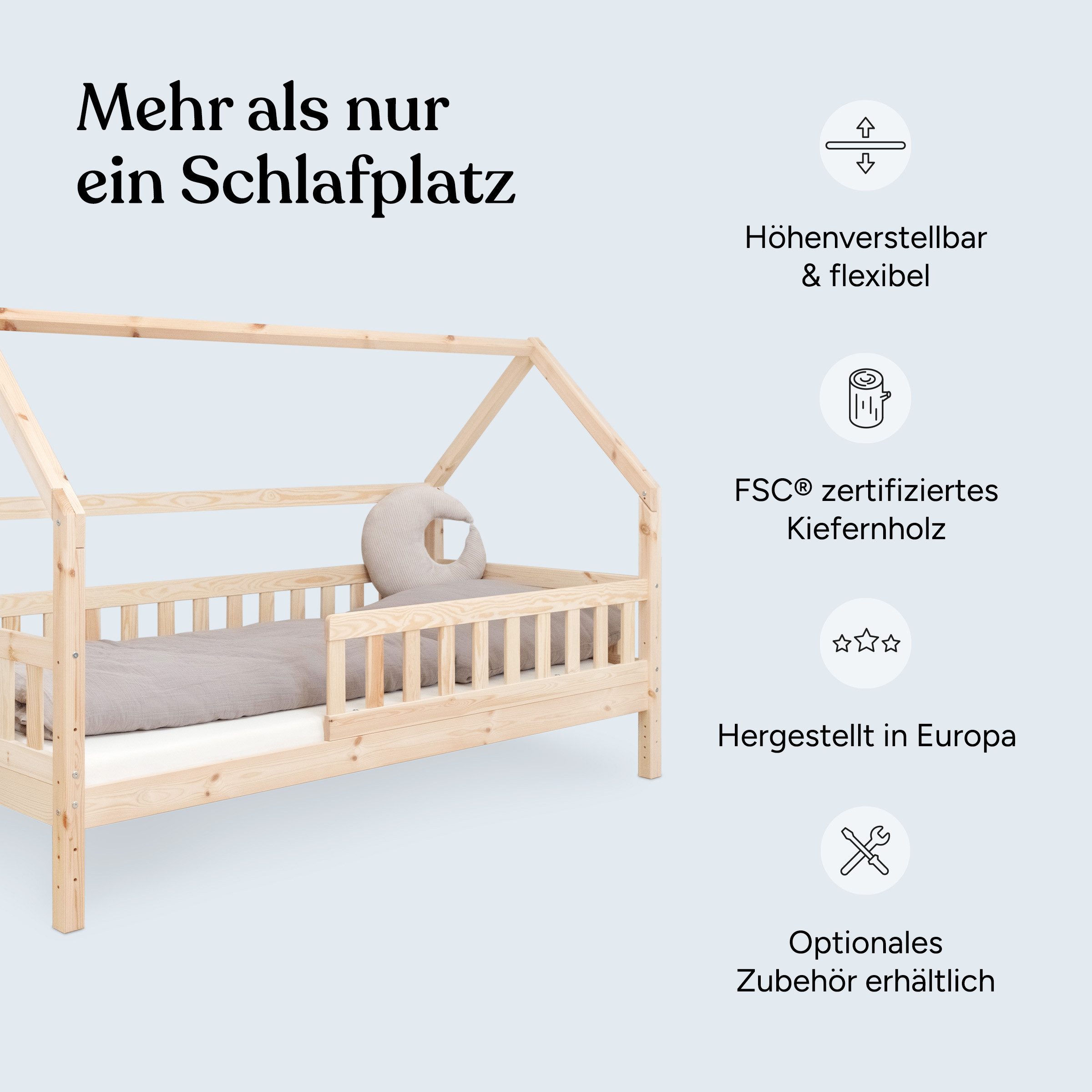 Ehrenkind Hausbett Lille aus massivem Kiefernholz inkl. Rausfallschutz und Rollrost (90x200 cm Natur, Hausbett mit optionalem Stauraum), 2 in 1 Aufbau bodentief oder Standardhöhe