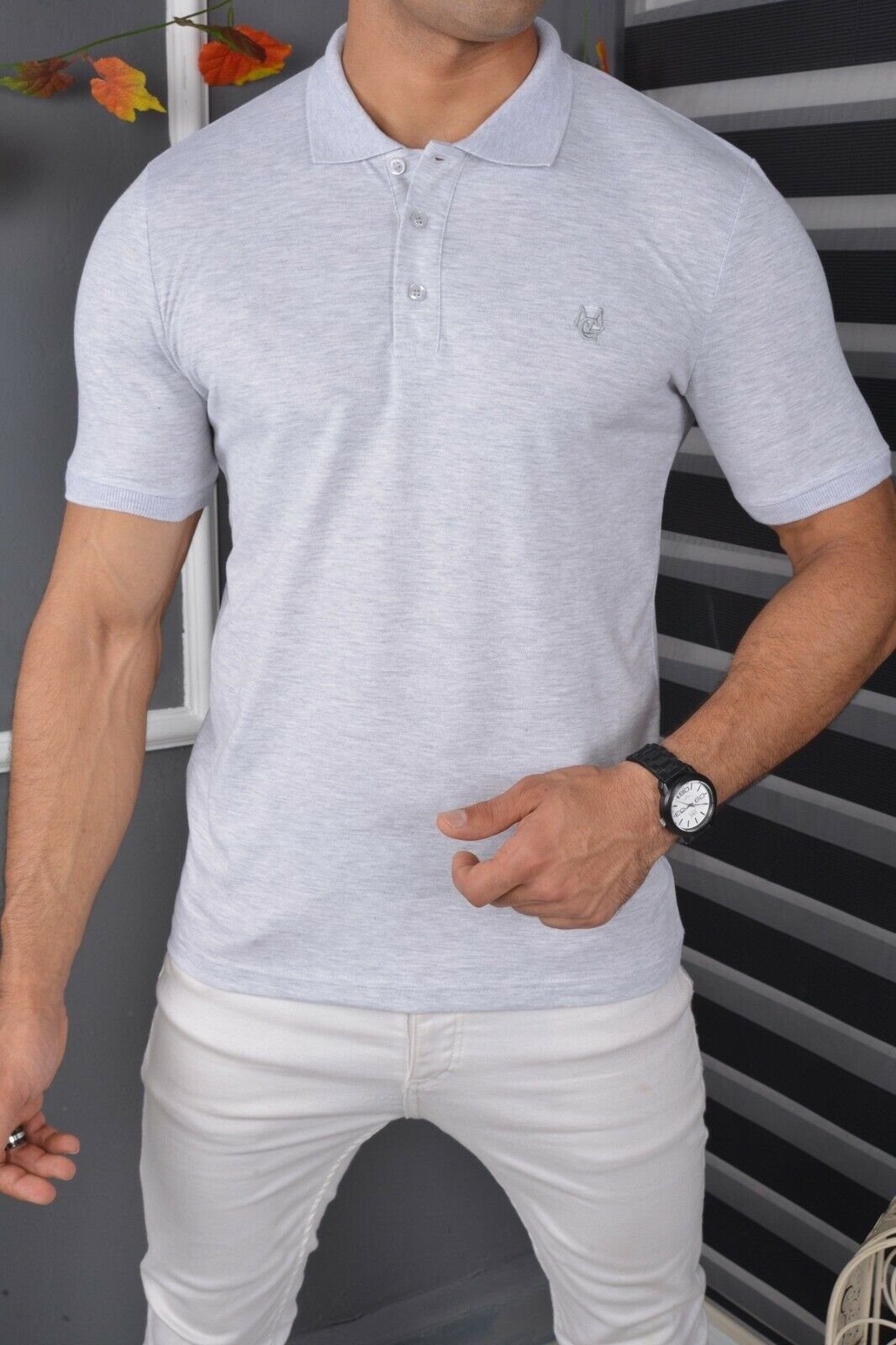 Poloshirt Poloshirt Kurzarm Jeans Slim Megaman T-Shirt Fit Herren Kragen Freizeit Grau Polohemd Premium mit Basic Baumwolle