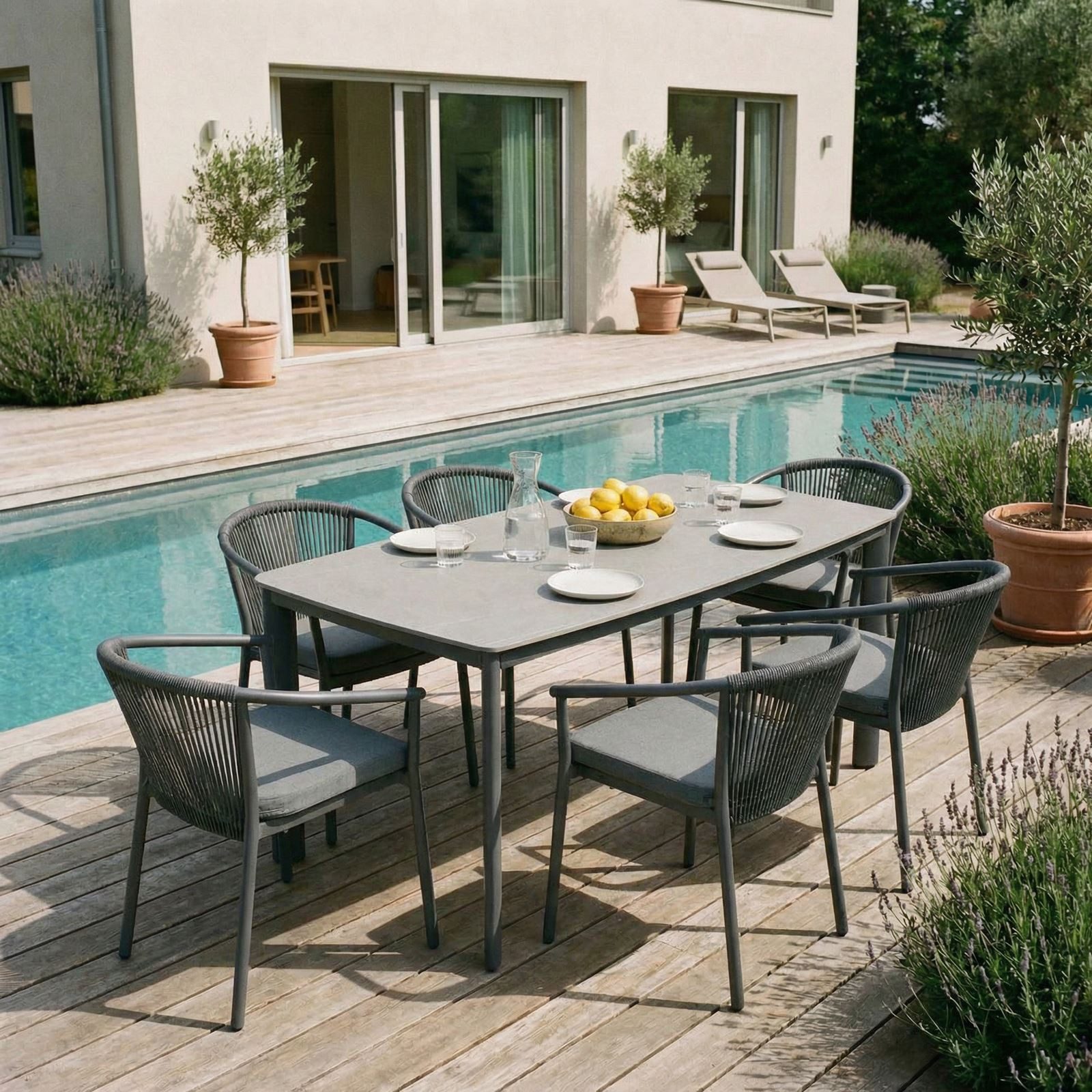 IDIMEX Garten-Essgruppe TAVOLO, Gartenmöbel Set, Tisch mit Keramik- Platte 180x90cm, Ropedesign grau