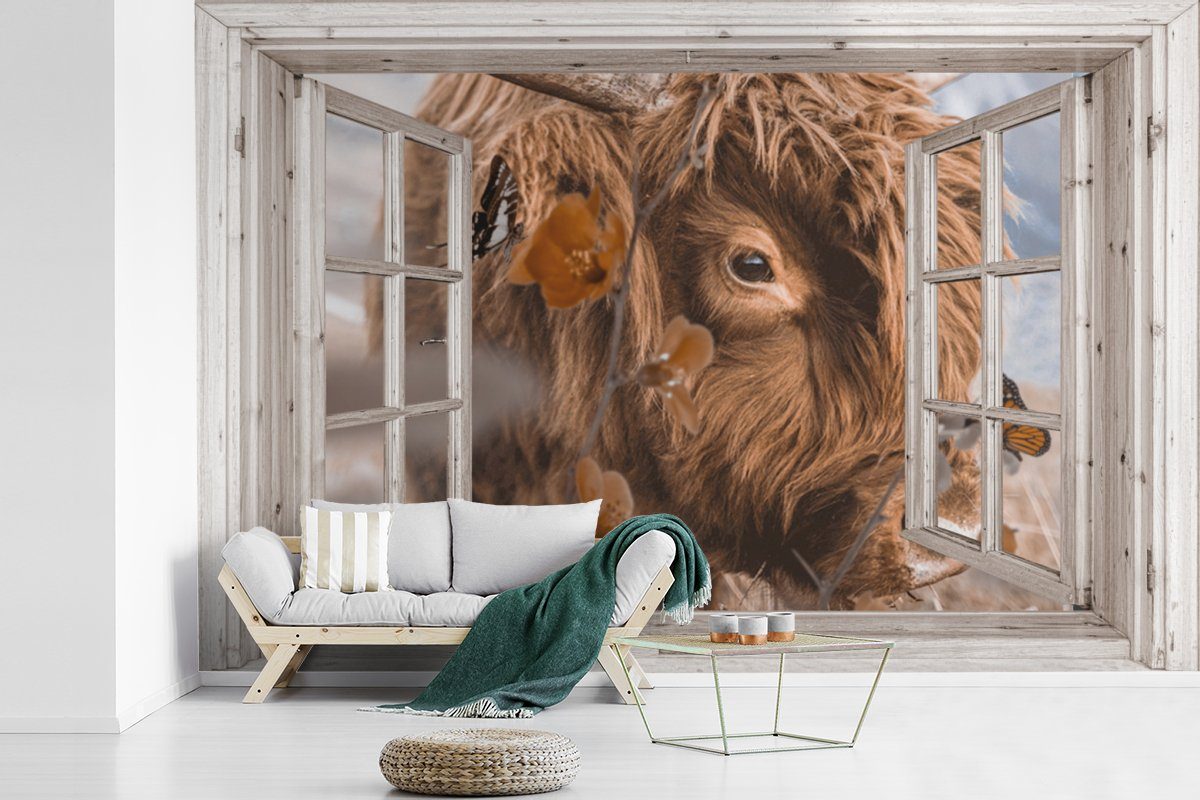 (6 für Wallpaper Schlafzimmer, Scottish Insekten, Fototapete - St), MuchoWow Vinyl Highlander Ansicht Kinderzimmer, bedruckt, Tapete Wohnzimmer, Matt, -