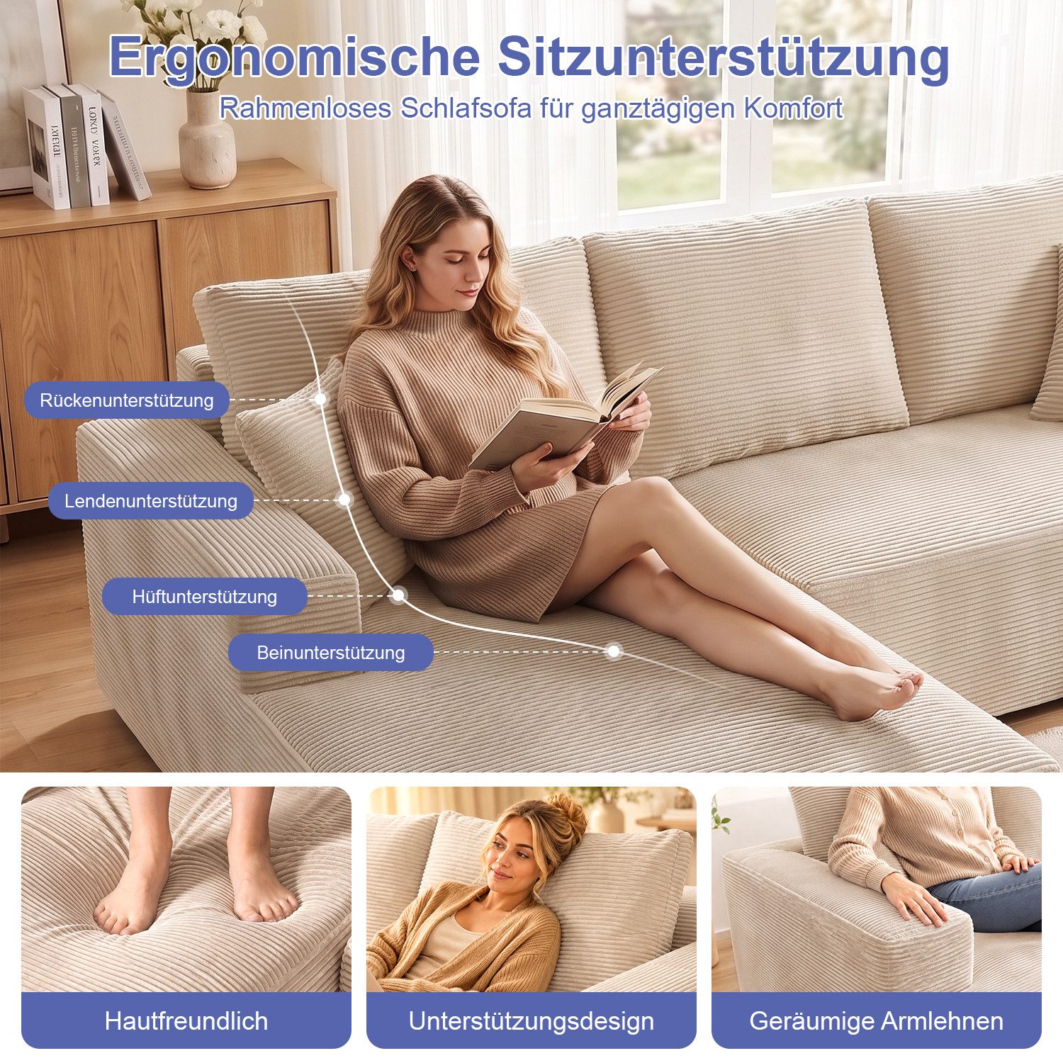 oyajia Ecksofa modulares Sofa 240cm mit großer Chaiselongue, breit vakuumverpackt, Schlafsofa, keine Montage erforderlich, mit großer Chaiselongue – Bild 5 von 5
