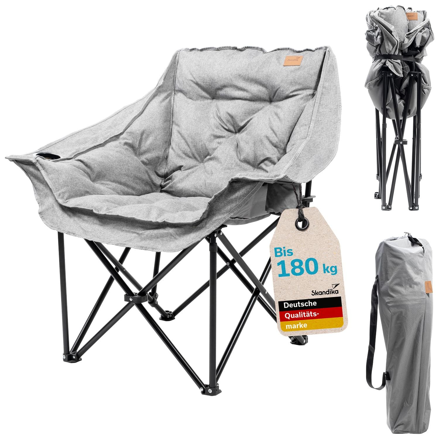 Skandika Klappstuhl XL Aukra, klappbar, gepolstert, leicht, Stahl Gestell, wasserabweisend (Spezialgestell mit zusätzlichen senkrechten Streben), 180 kg belastbar, Tragetasche, 2 Flaschenhalterungen, Breite Armlehnen