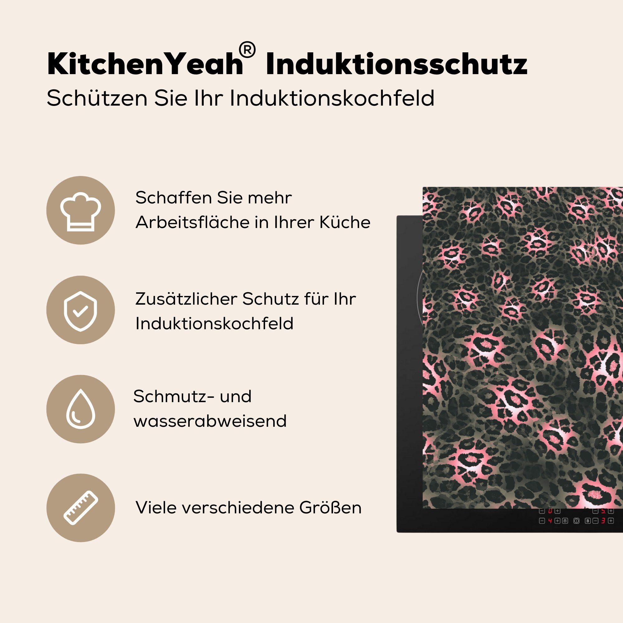 (1 küche, Induktionskochfeld 81x52 Ceranfeldabdeckung für Grau Rosa MuchoWow tlg), die Leopardenmuster - cm, - Vinyl, - Herdblende-/Abdeckplatte Schutz Tiere,