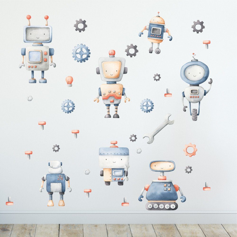 Sunnywall Wandtattoo Roboter - Wandtattoo Kinderzimmer Baby Wandaufkleber (6 St), konturgeschnitten