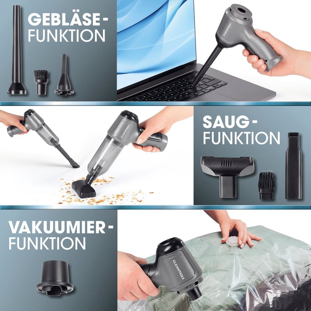 CLEANmaxx Akku-Handstaubsauger Saug-, Gebläse- & Vakuumierfunktion, 50 W, beutellos, 3-in-1 Funktion Handstaubsauger Kabellos Mini Staubsauger 7 Aufsätze