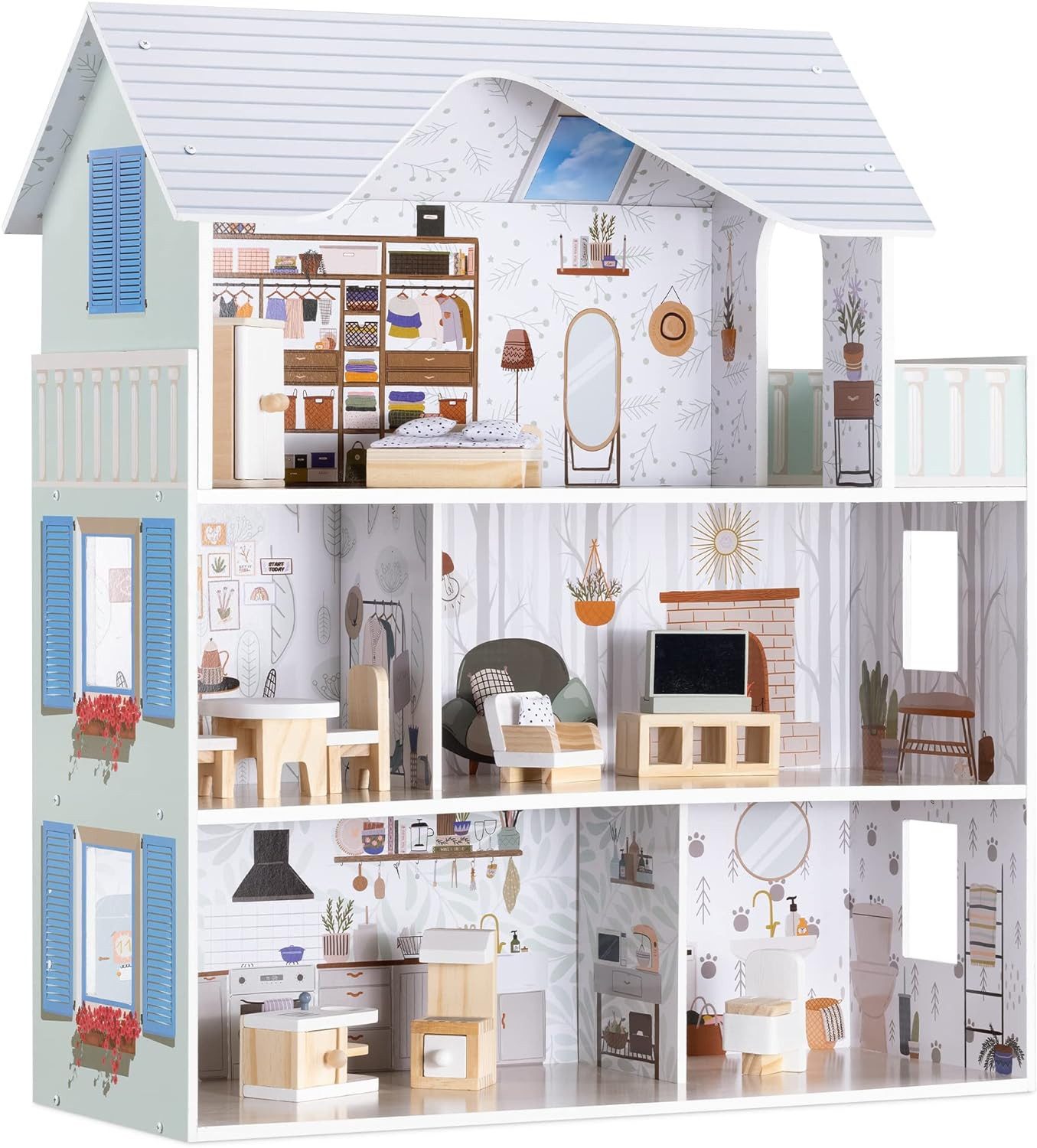 Navaris Puppenhaus Navaris Puppenhaus aus Holz mit Möbeln 3 Etagen