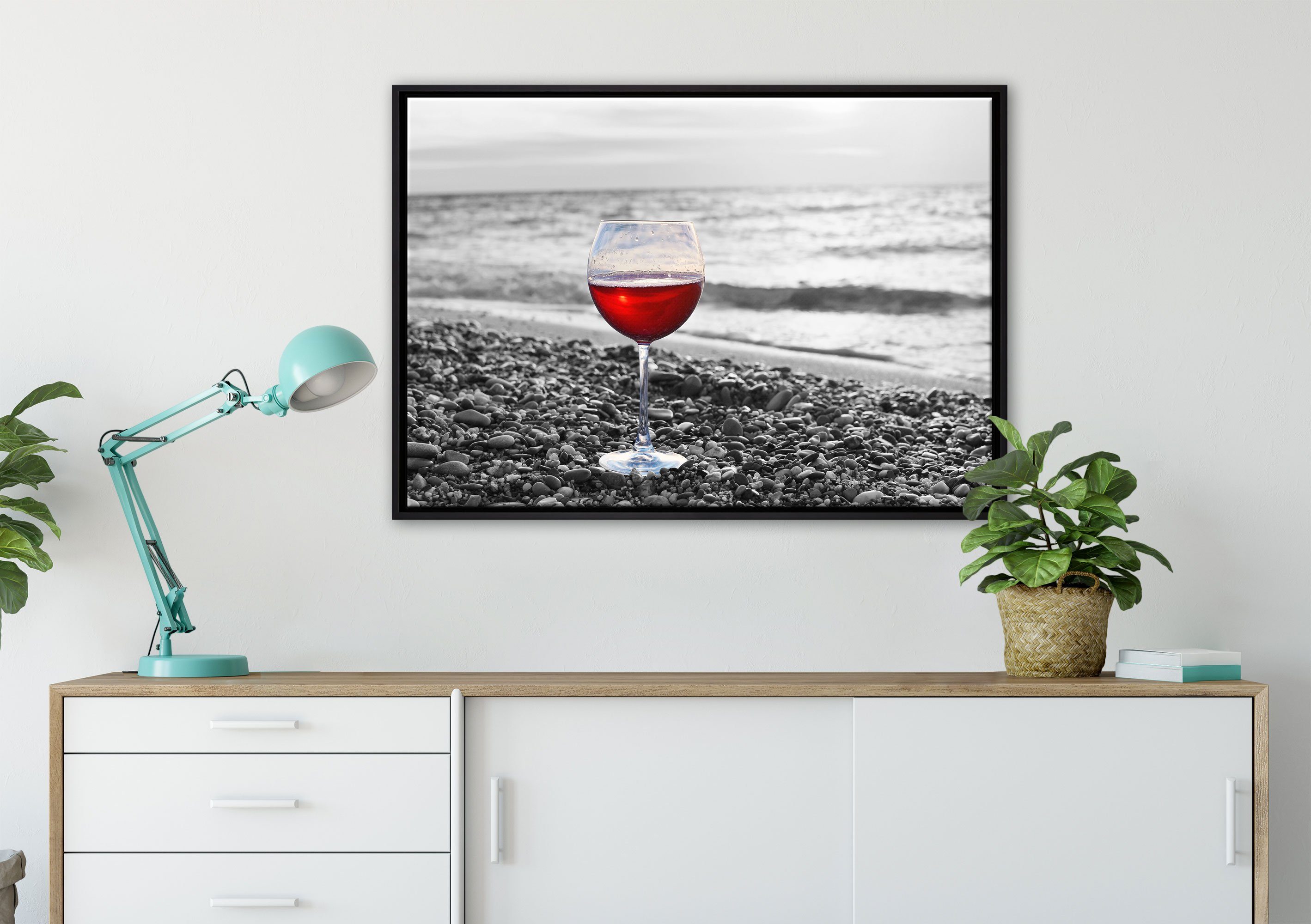 Pixxprint Leinwandbild Weinglas Leinwandbild am (1 Strand, Schattenfugen-Bilderrahmen Zackenaufhänger inkl. fertig in gefasst, Wanddekoration St), bespannt, einem