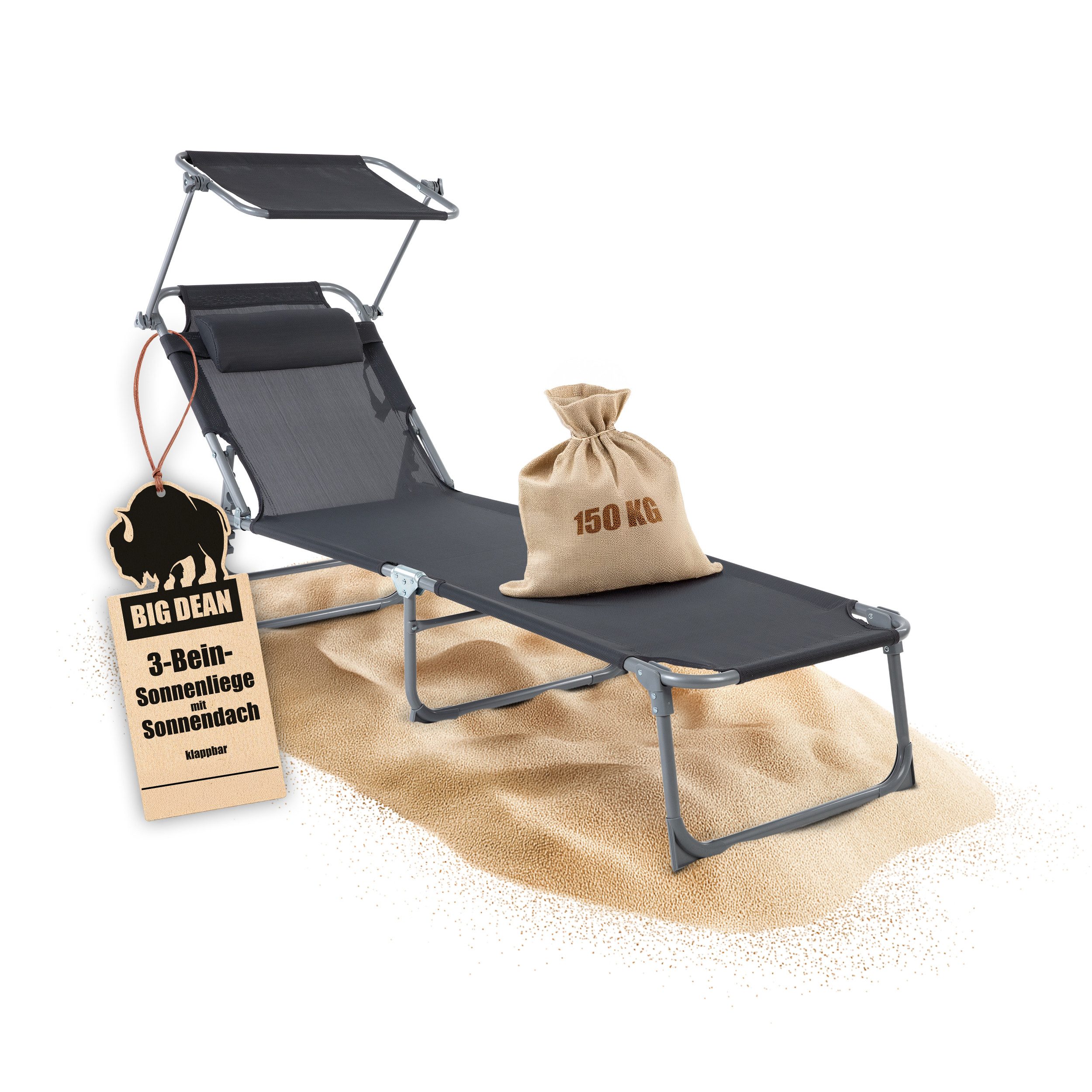 BigDean Gartenliege Sonnenliege klappbar mit Kopfkissen & Dach extra hoch dunkelgrau 150kg, Packung, 1 St., Liege, 3-Bein, Mit Kopfkissen, Extra Sonnendach, Garten, Balkon, Strand