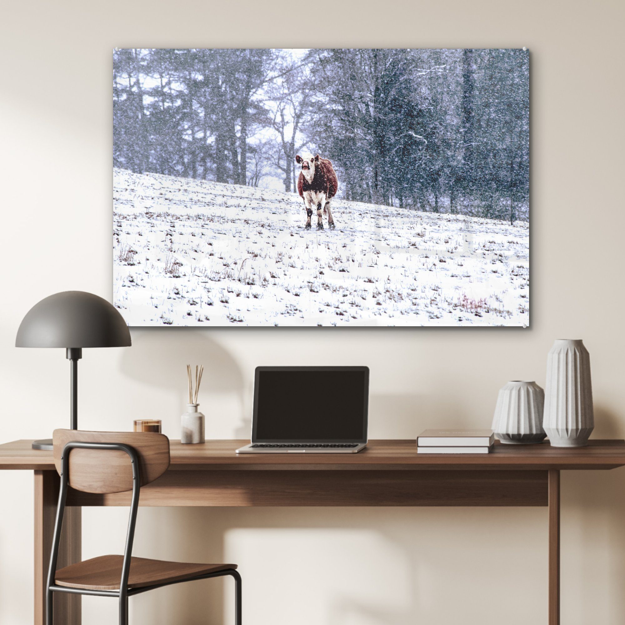 MuchoWow Acrylglasbild & Schnee, (1 Schlafzimmer Acrylglasbilder Kuh im Wohnzimmer St),