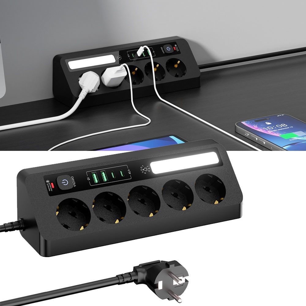 VIVIHEYDAY Mehrfachsteckdose mit Hauptschalter, 5-fach (Ein- / Ausschalter Steckdosenleiste (Schalterbeleuchtung, USB-Anschlüsse, Kabellänge 1.8 m), Haushaltsladesteckdose