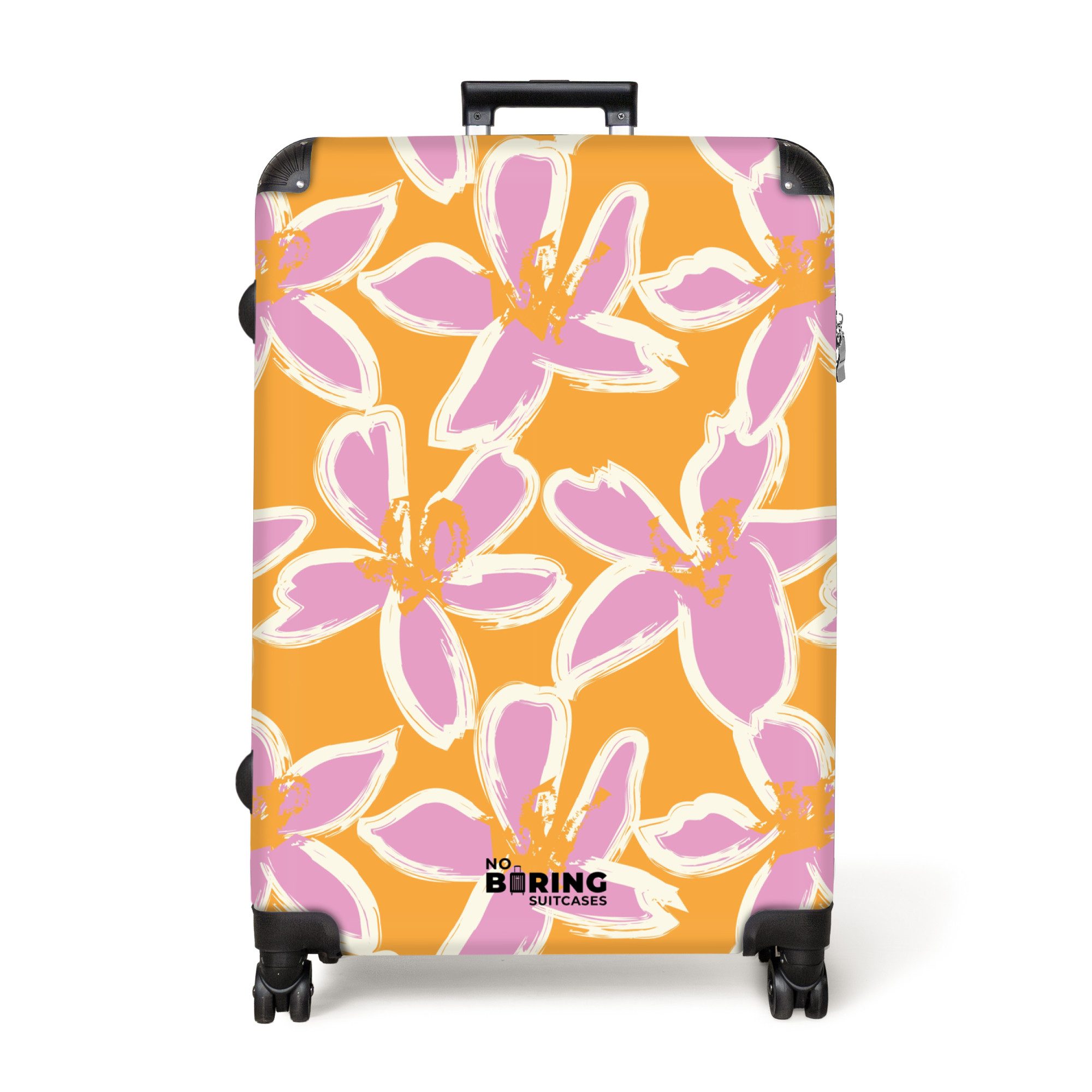 NoBoringSuitcases.com© Hartschalen-Trolley Orange mit rosa Blüten günstig online kaufen