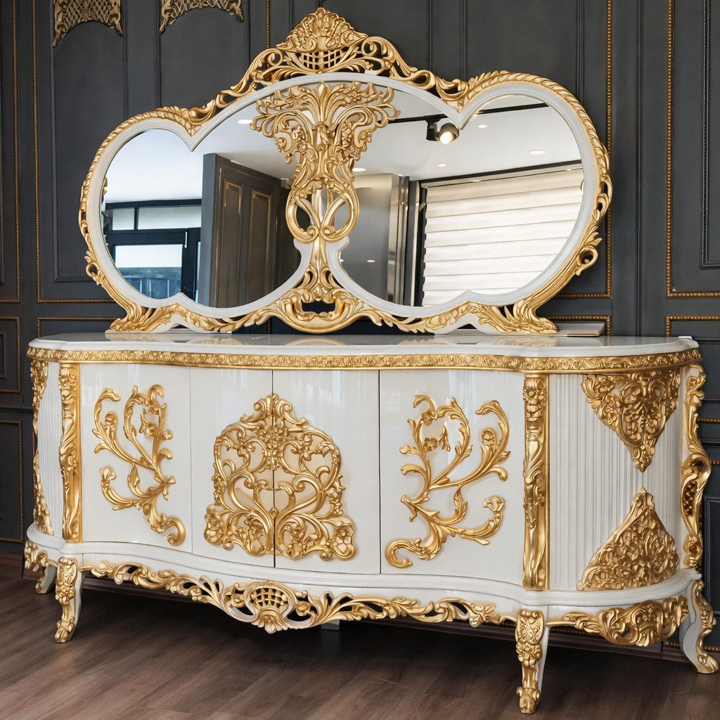 Xlmoebel Anrichte Garnitur Ess Barock Anrichte mit Spiegel Kommoden Holz Sofort (2 St., Anrichte mit Spiegel), Hergestellt in Europa