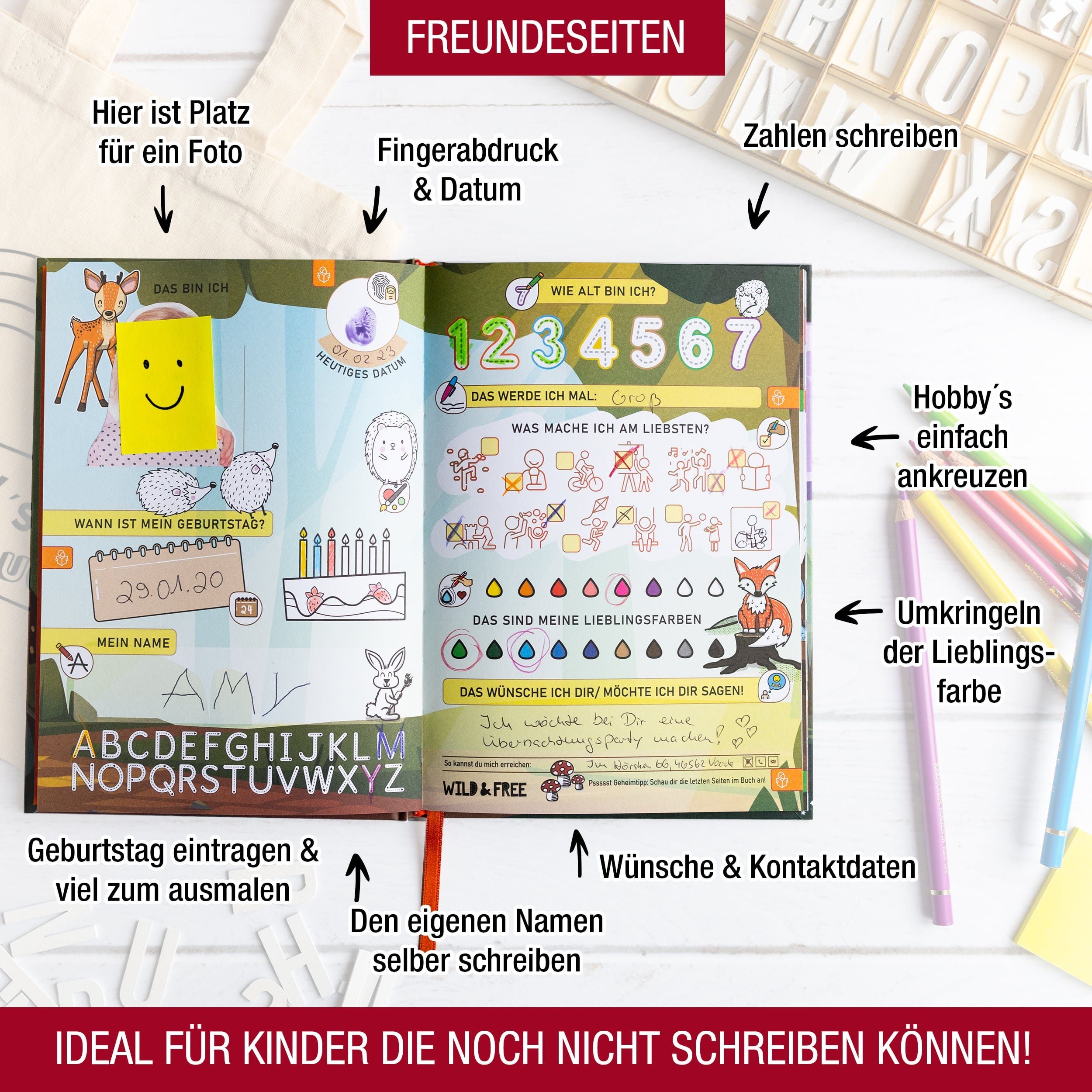 TOBJA Poesiealbum Freundebuch Kinder Kindergarten Dino Einhorn, Individuell gestaltbares Cover, Erinnerungsbuch für Mädchen und Jungen