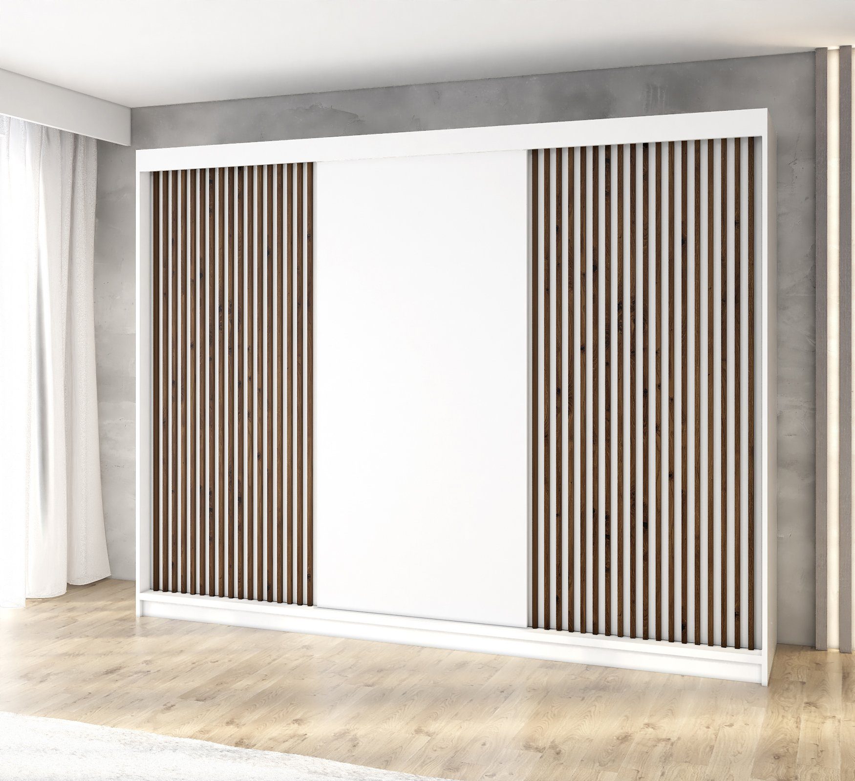 A&J MöbelLand GmbH Schiebetürenschrank IOSA 200 cm mit 4 Schubladen, und 3D Lamellen (TOP ANGEBOT! Geräumiger Schrank mit einer Breite von 200 cm ideal zur Aufbewahrung von Kleidung und Accessoires. 4 Schubladen und viel Stauraum. TOP PRODUKT! Wählen Sie das ideale Modell für Ihr Schlafzimmer!, Inclusive 4 Schubladen) Breite: 200 cm, Höhe: 215 cm, Tiefe: 59,5 cm