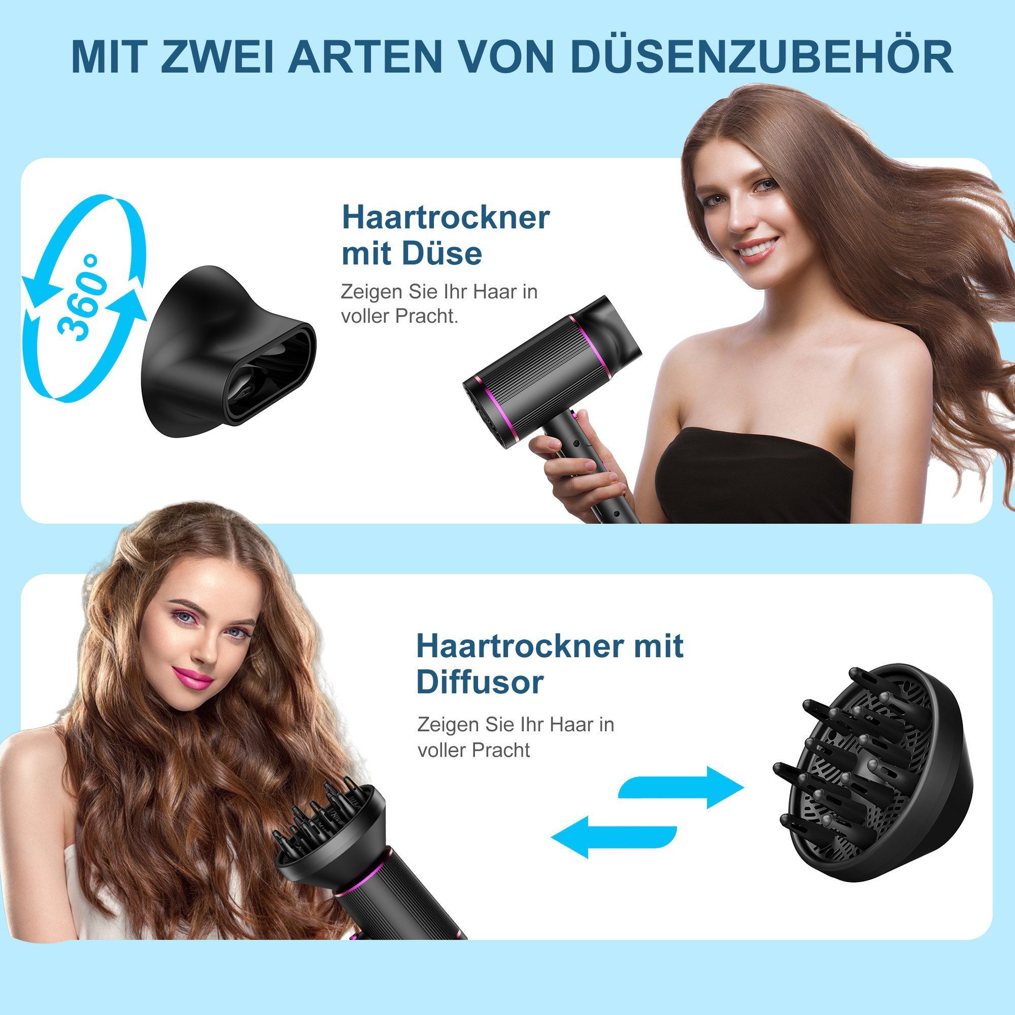 ibettertec Haartrockner Haartrockner Föhn Ionen 2400W,Anti-Spliss mit Kaltluft Modus, 2400,00 W, (25m/S, 3 Stylingaufsätze, angereichert mit Keratin und, Mandelöl, Ionenpflege - Anti Frizz, langlebiger AC-Motor)
