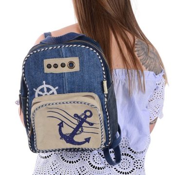 Sunsa Cityrucksack Damen Rucksack. Nachhaltige Daypack, Freizeitrücksack Maritim Motiv, Aus recycelte Jeanshose