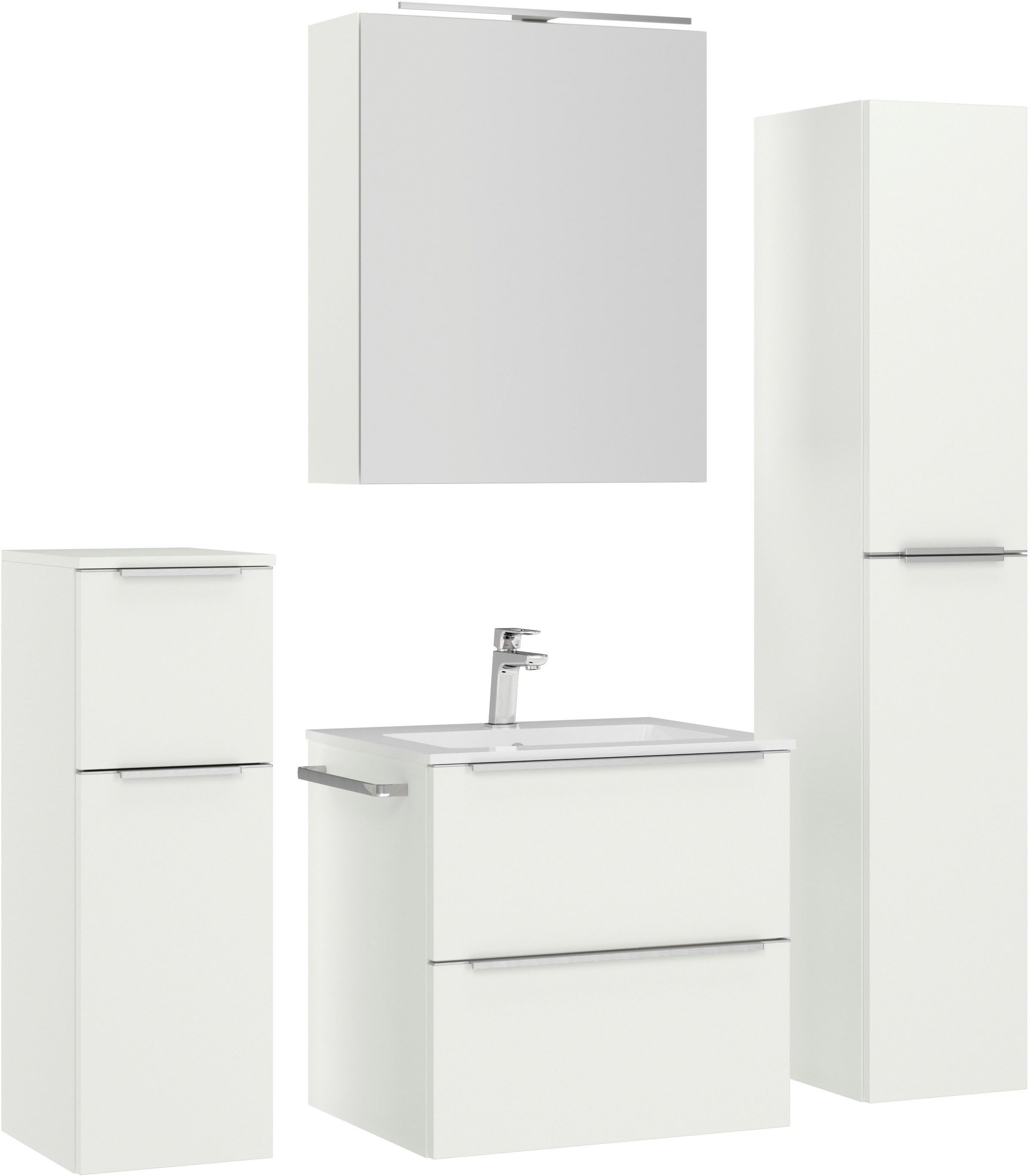 nobilia® Badmöbel-Set Levere, (4-St., vormontiert, mit Soft-Close), inkl. Spiegelschrank mit Beleuchtung und Dimmerfunktion, in 4 Breiten