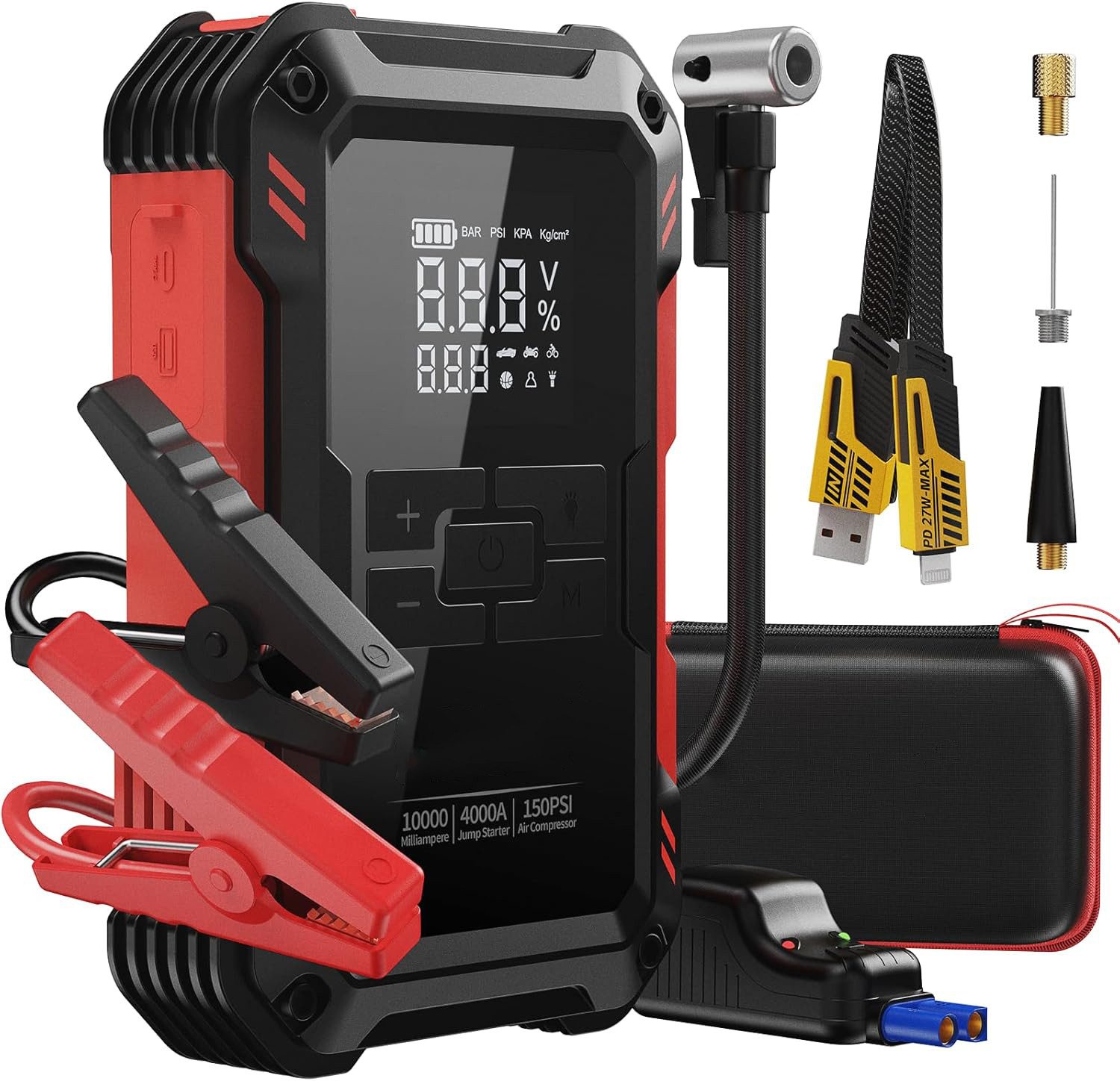 Forrlite Auto Starthilfe Powerbank 4000A 12V Starthilfegerät, 4-in-1 Autobatterie-Ladegerät (10000mAh Starthilfegerät mit 150PSI Kompressor & Smart-Klemmen, Starthilfe Powerbank Benzin bis 9,0L & Diesel bis 6,5L mit USB & DC, 12 Schutzmaßnahmen, Notfall-L