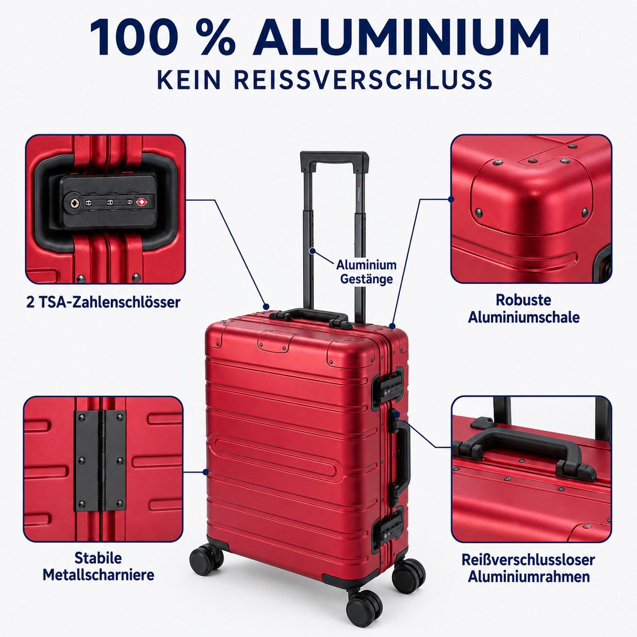 Travelhouse Koffer 100% Aluminium OSLO M - verschiedene Farben, 4 Rollen, aus Aluminium, mit voll gefüttertem Innenraum, mit Kantenschutz