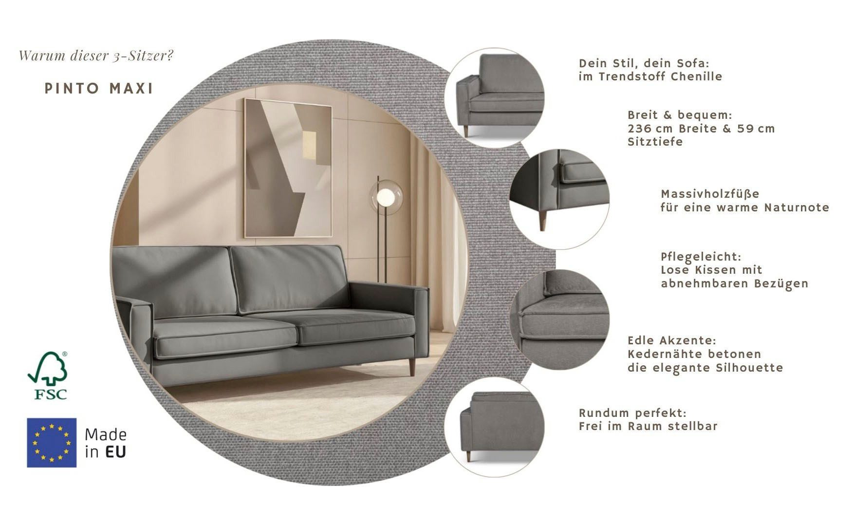 Home affaire 3-Sitzer Pinto Skandi,Maxi-Ausführung, 236 cm, Chenille, Struktur, mit Keder, Massivholzfüße Eiche geräuchert, Wellenunterfederung