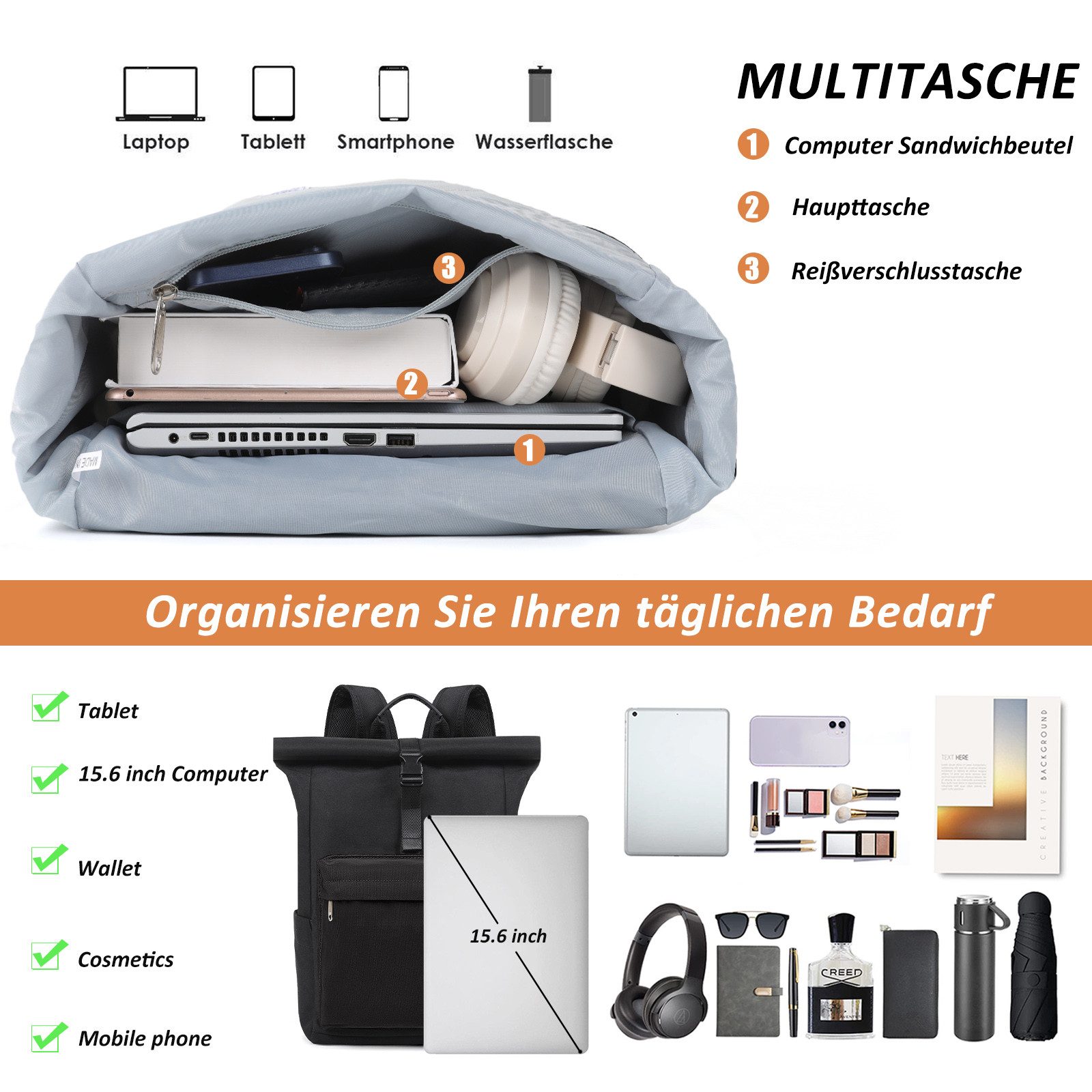 TAN.TOMI Cityrucksack Rolltop Rucksack Damen Herren, Rucksack Laptop Tasche 15,6 Zoll (Damen Herren weit öffenbar, Rolltop Rucksack wasserdicht), Backpack Daypack für Schule,Fahrradfahren,Freizeit und Reise
