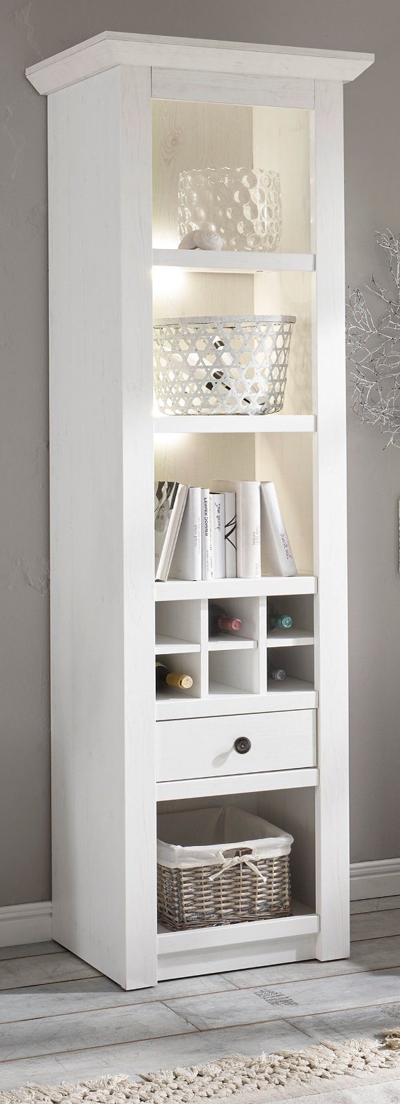 Furn.Design Standregal Hooge, Regalschrank in weiß Pinie Landhaus, 56 x 207 cm, mit Flaschenregal