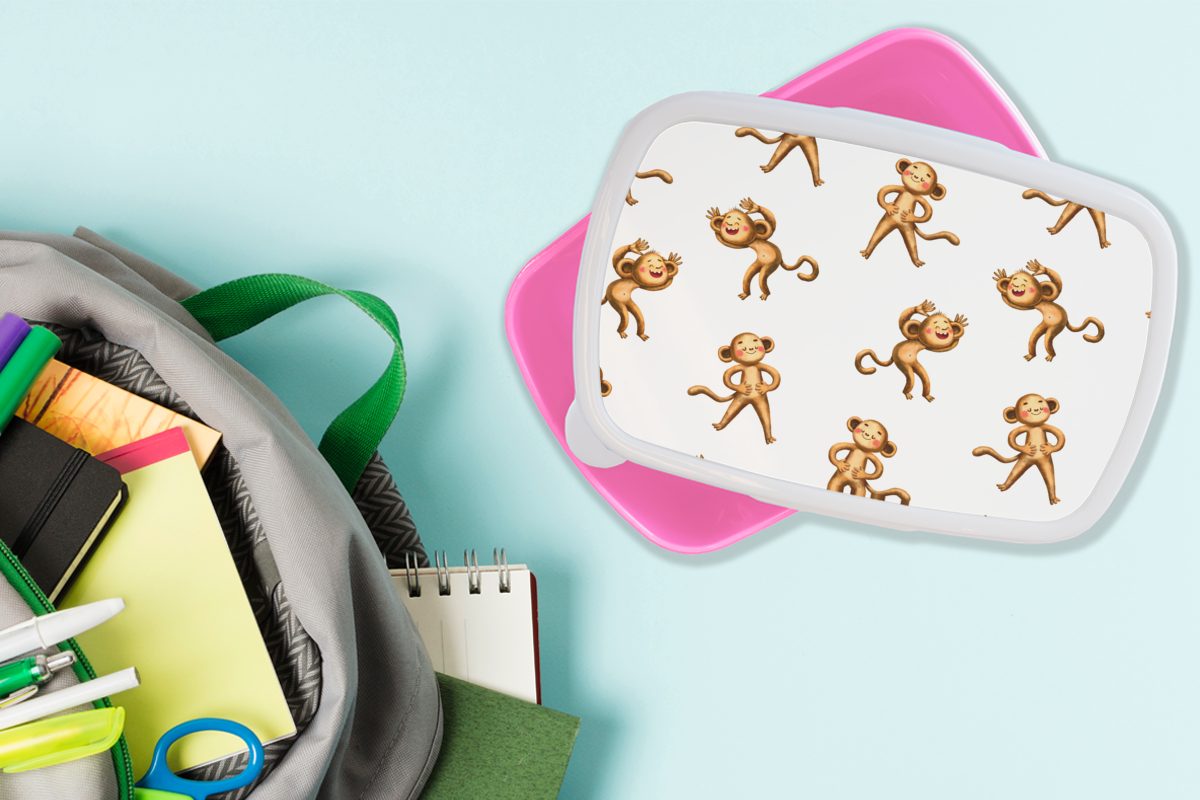 Kunststoff Mädchen, Design Dschungel für Snackbox, Kinder, - Brotbox rosa Affe Erwachsene, - Brotdose MuchoWow - (2-tlg), Lunchbox Kunststoff, Weiß,